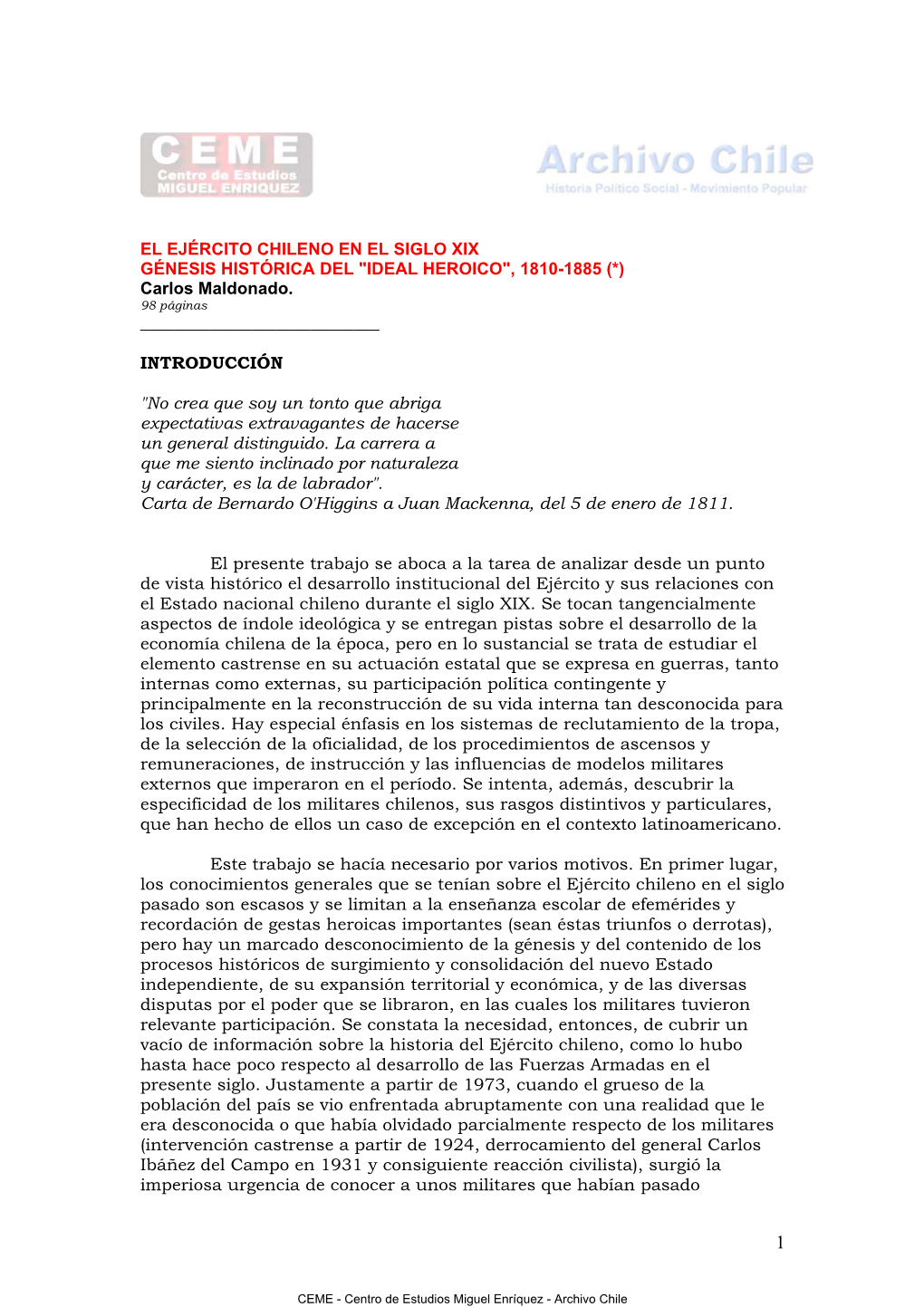 EL EJÉRCITO CHILENO EN EL SIGLO XIX GÉNESIS HISTÓRICA DEL 