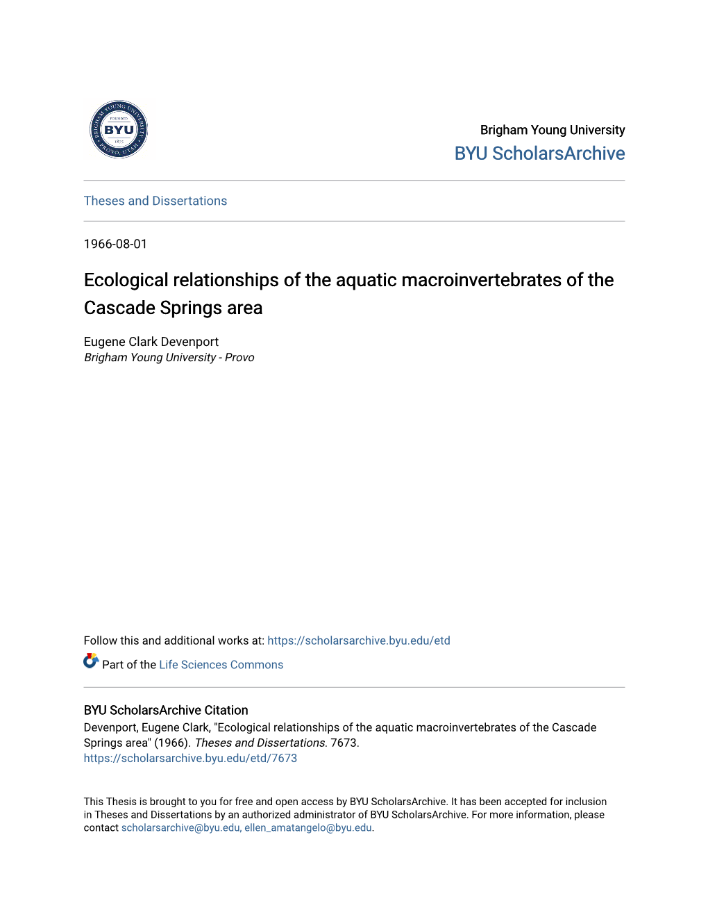 Ecological Relationships of the Aquatic Macroinvertebrates of the Cascade Springs Area