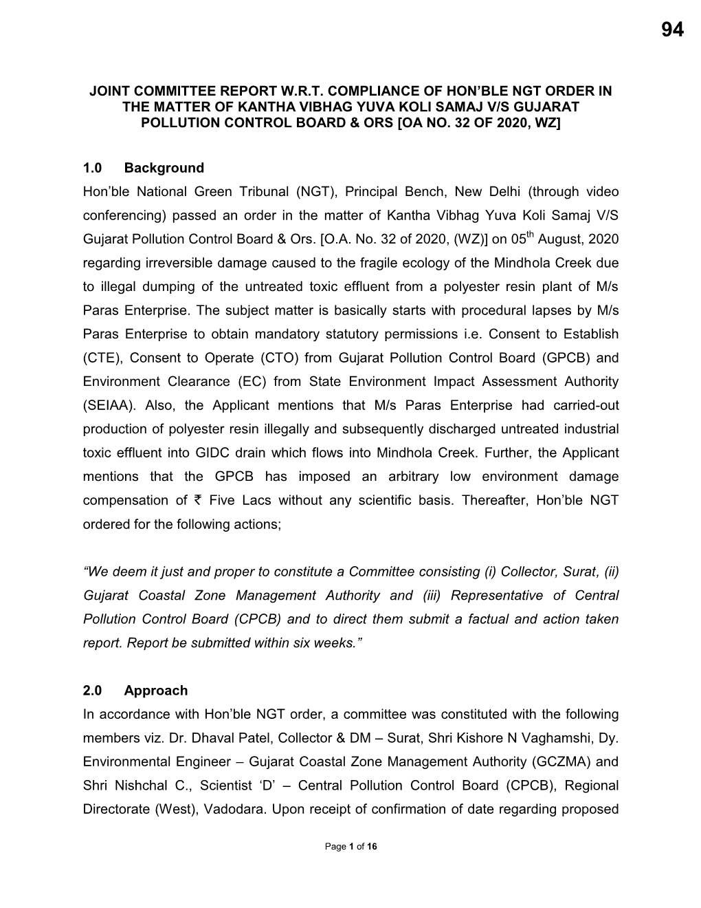 Joint Committee Report W.R.T. Compliance of Hon'ble Ngt