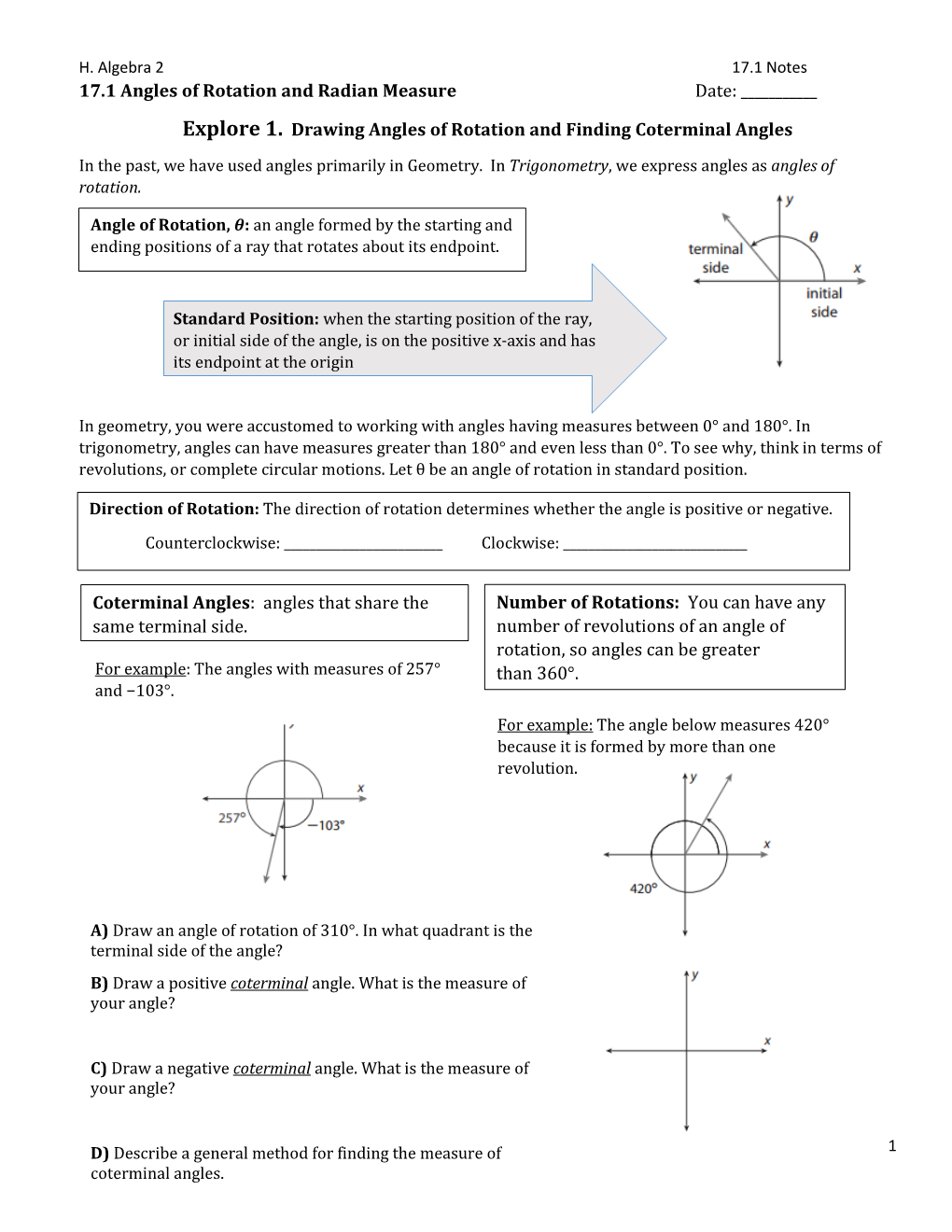 17.1 Angles of Rotation and Radian Measure Date: ______