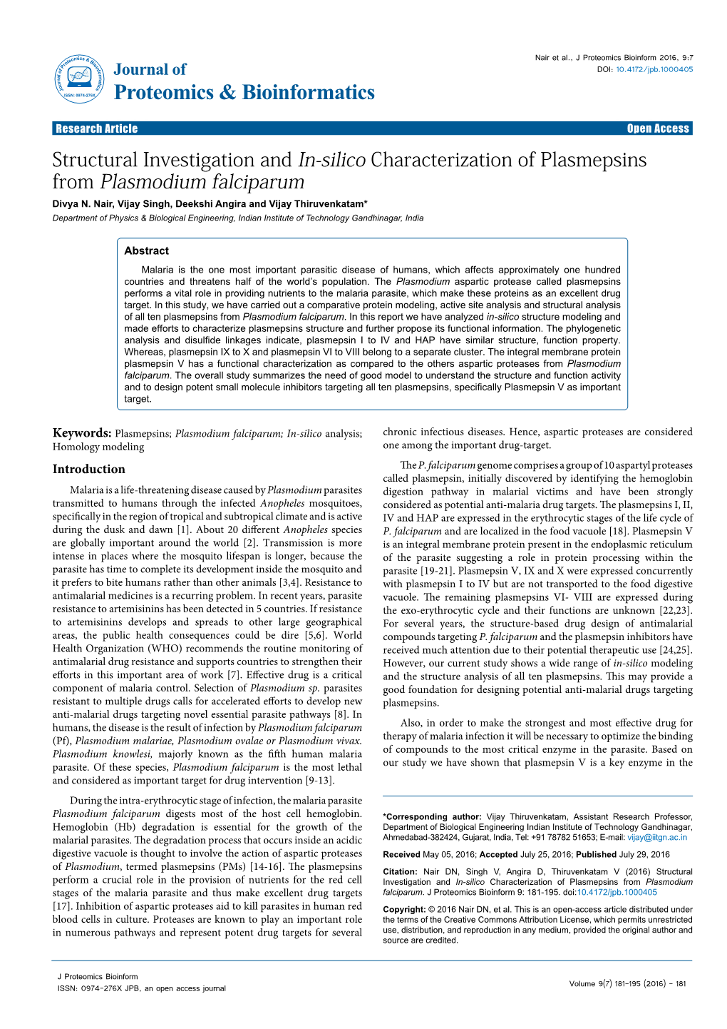 Structural Investigation and In-Silico Characterization of Plasmepsins from Plasmodium Falciparum Divya N