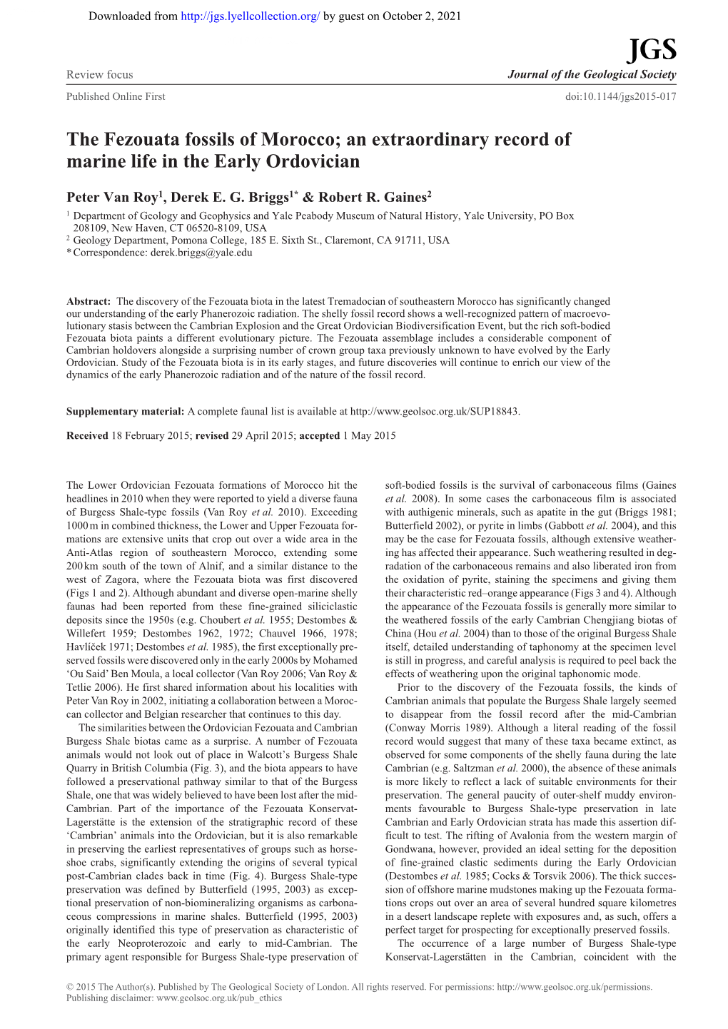 The Fezouata Fossils of Morocco; an Extraordinary Record of Marine Life in the Early Ordovicianpeter Van Roy, Derek E