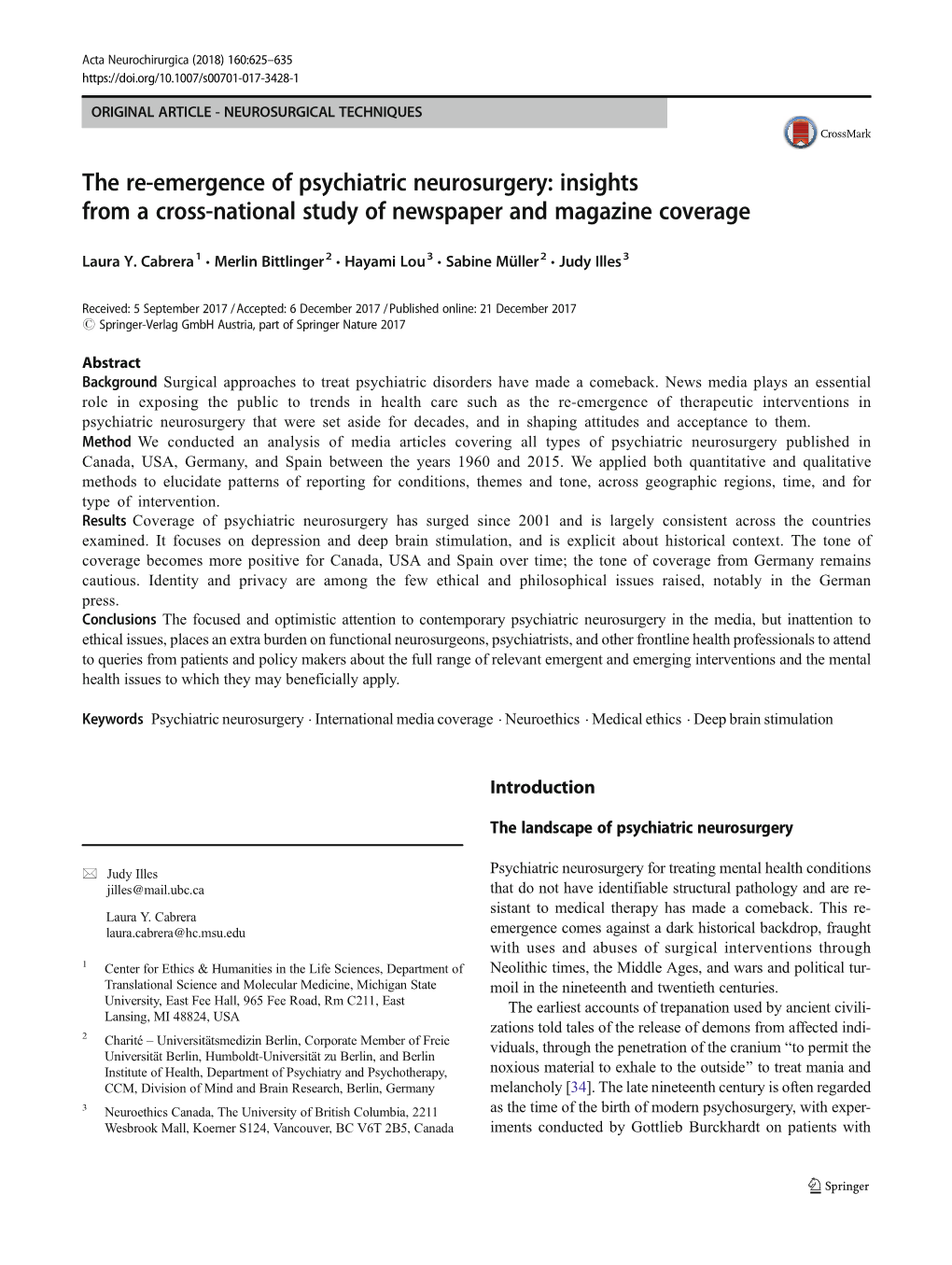 The Re-Emergence of Psychiatric Neurosurgery: Insights from a Cross-National Study of Newspaper and Magazine Coverage