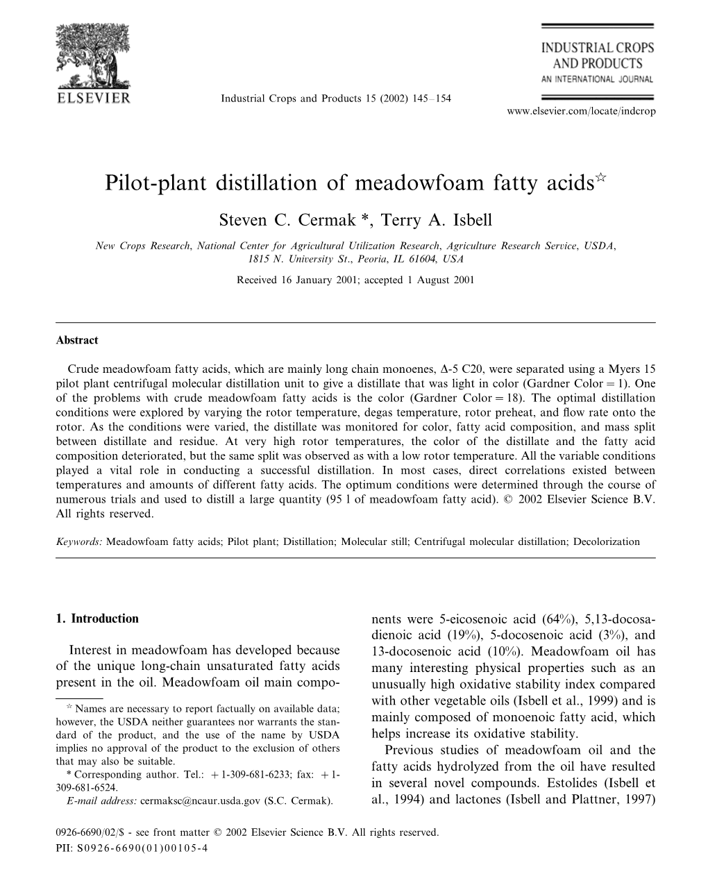 Pilot-Plant Distillation of Meadowfoam Fatty Acids