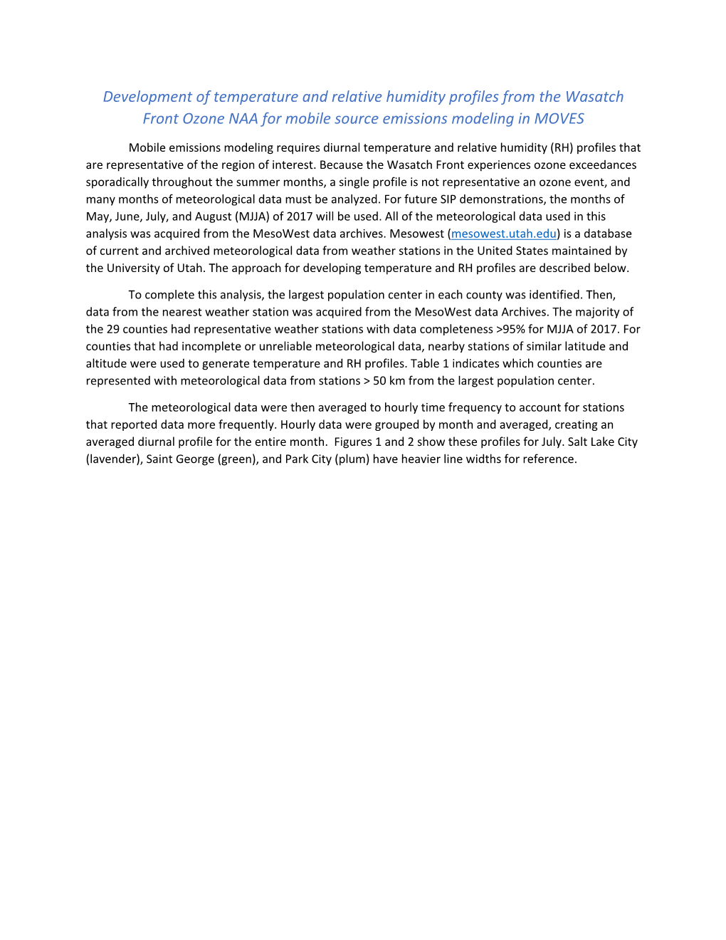 Development of Temperature and Relative Humidity Profiles from the Wasatch Front Ozone NAA for Mobile Source Emissions Modeling in MOVES