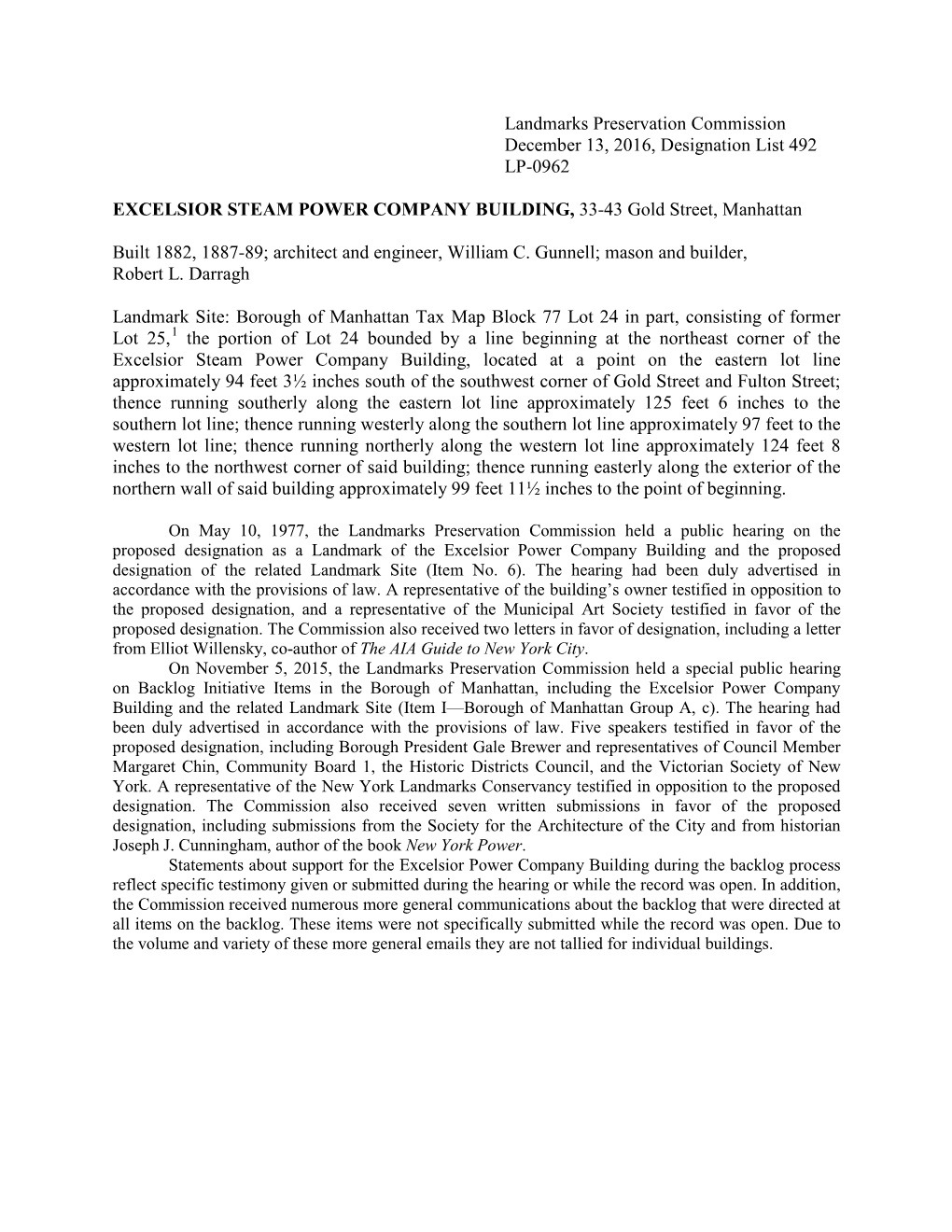 Landmarks Preservation Commission December 13, 2016, Designation List 492 LP-0962