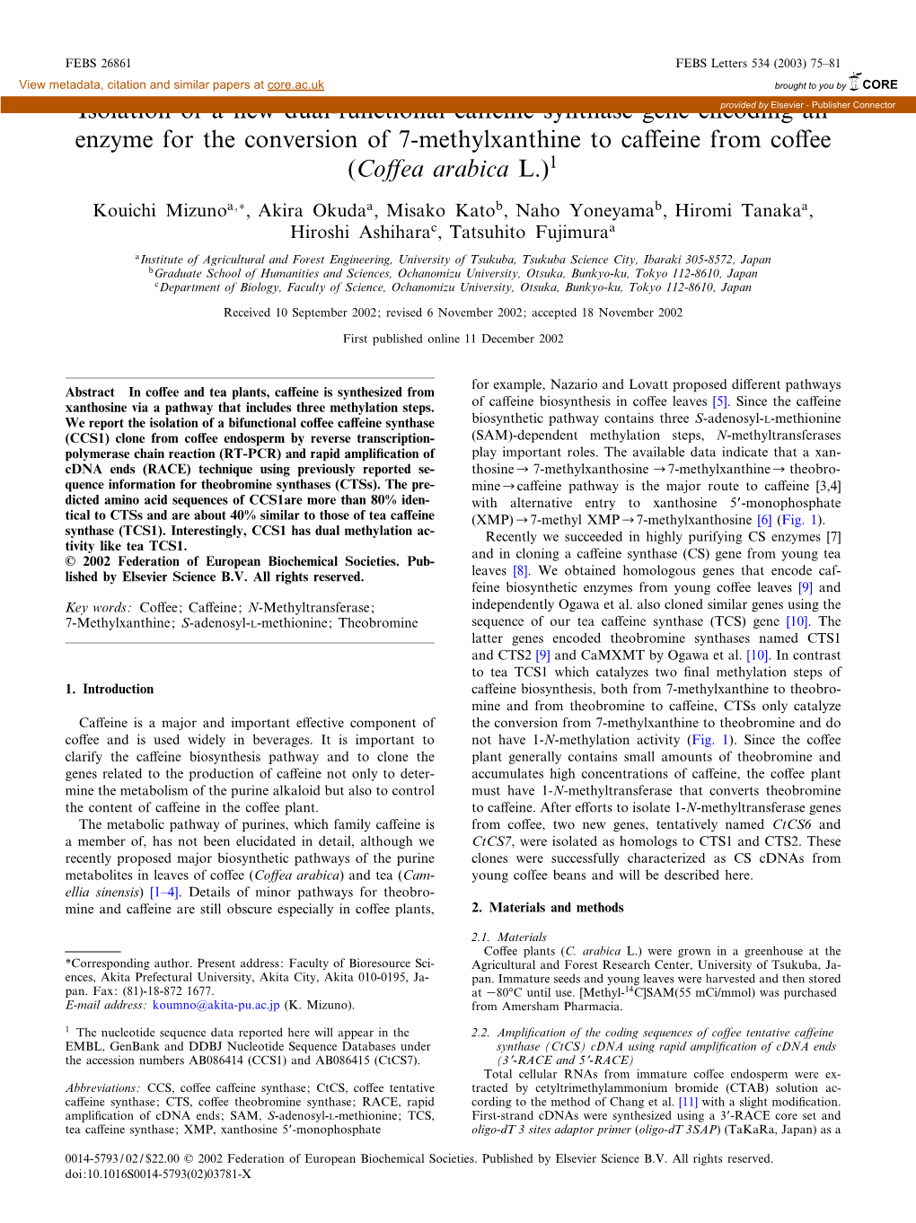 Isolation of a New Dual-Functional Caffeine Synthase Gene Encoding