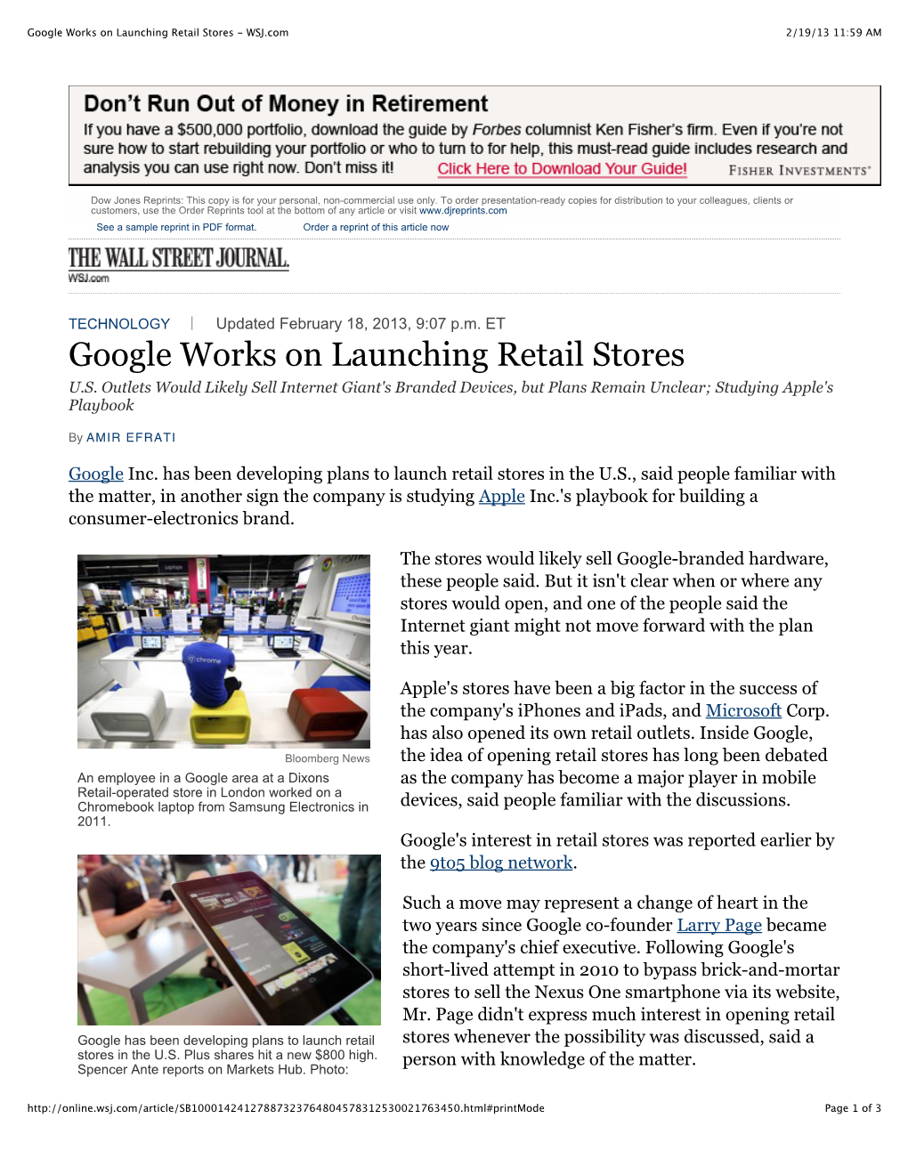 Google Works on Launching Retail Stores - WSJ.Com 2/19/13 11:59 AM