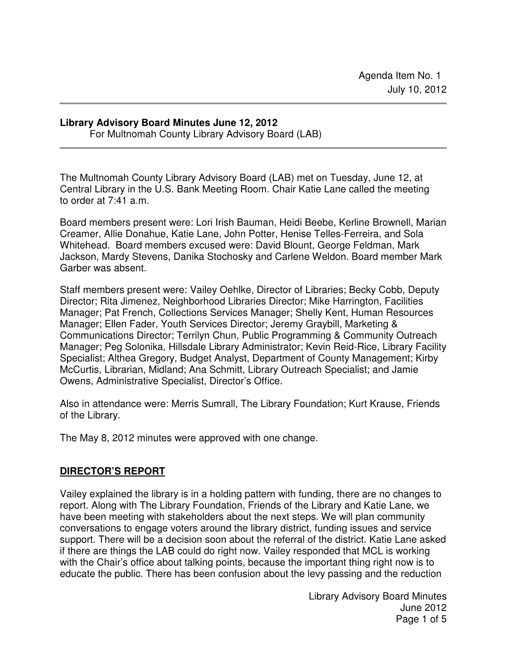 Minutes June 12, 2012 for Multnomah County Library Advisory Board (LAB)