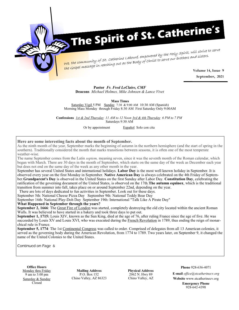 September 2021 Newsletter Father Fred Hello to All the Knights and Parishioners of St Catherine Laboure Church