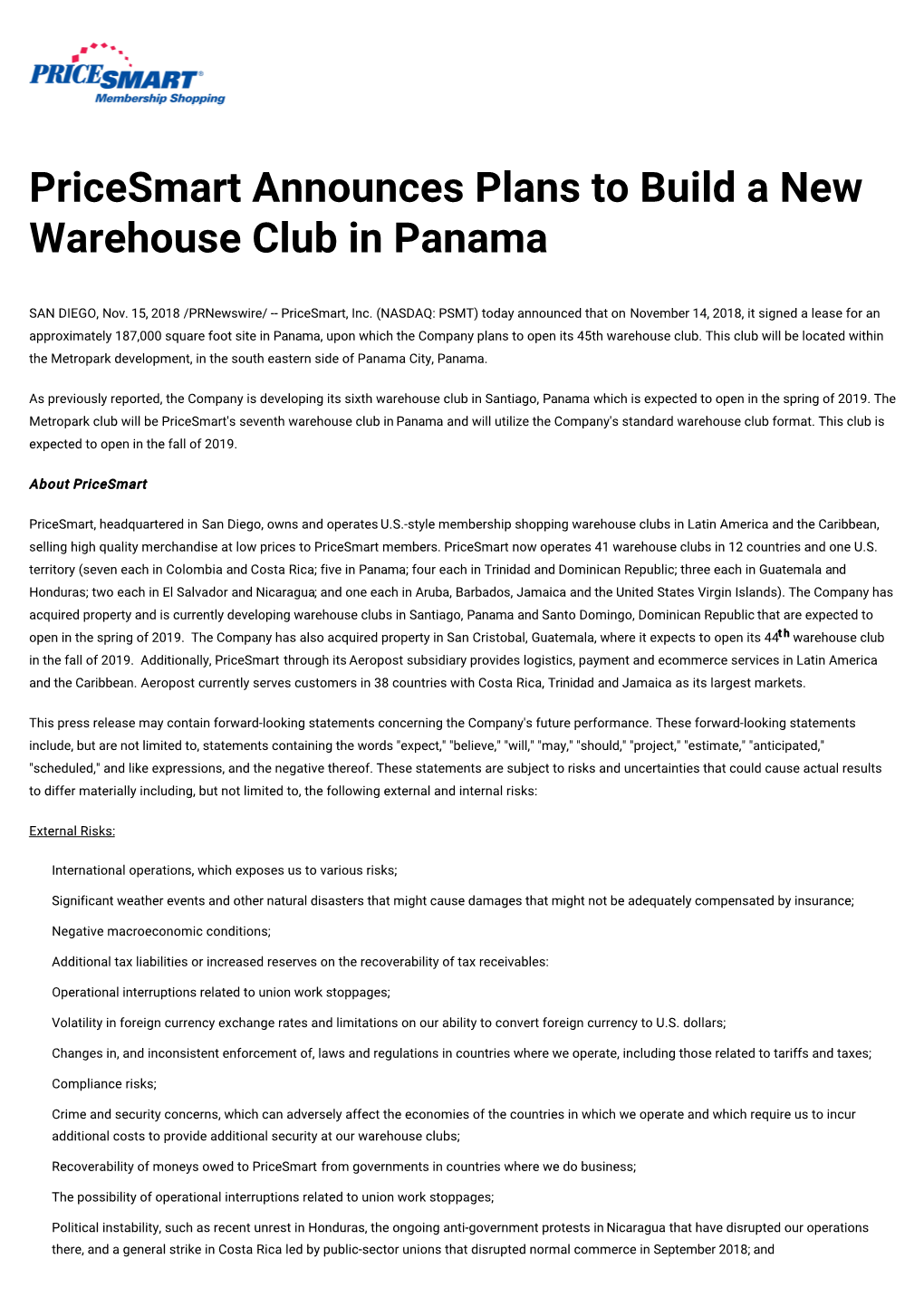 Pricesmart Announces Plans to Build a New Warehouse Club in Panama