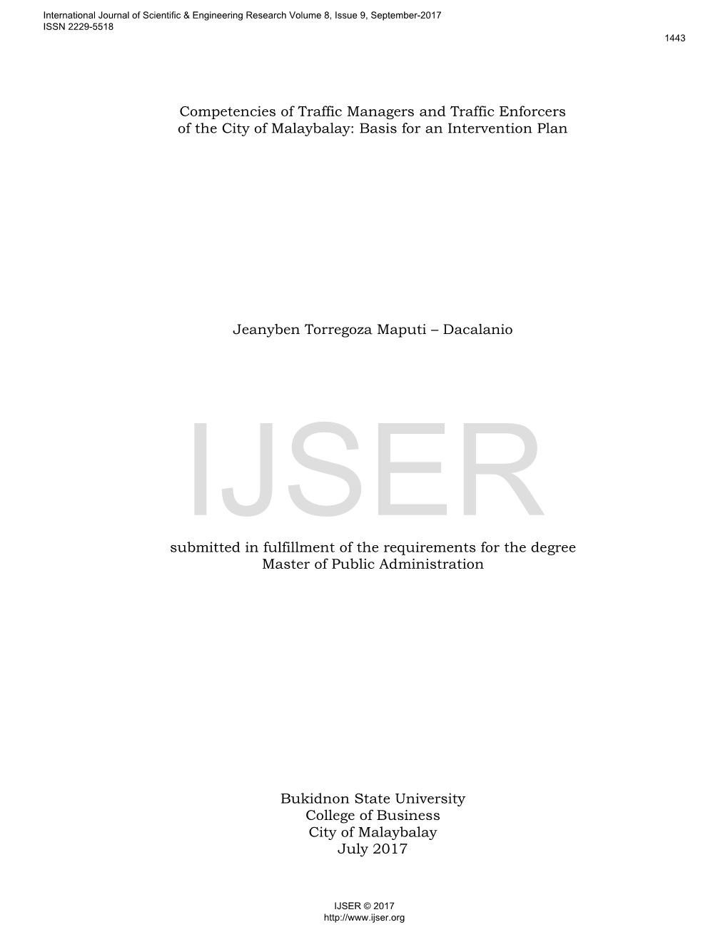 Competencies of Traffic Managers and Traffic Enforcers of the City of Malaybalay: Basis for an Intervention Plan