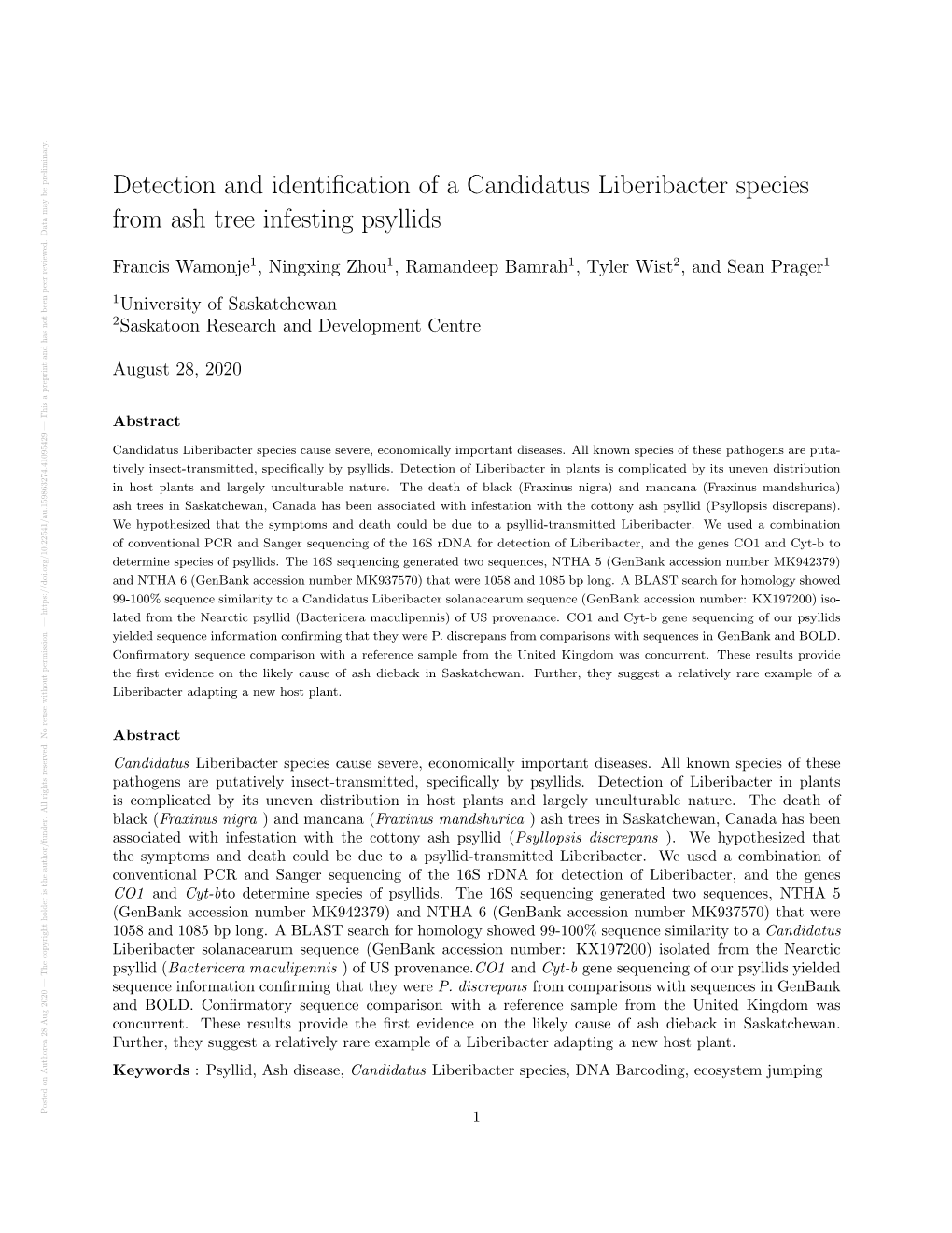 Detection and Identification of a Candidatus Liberibacter Species
