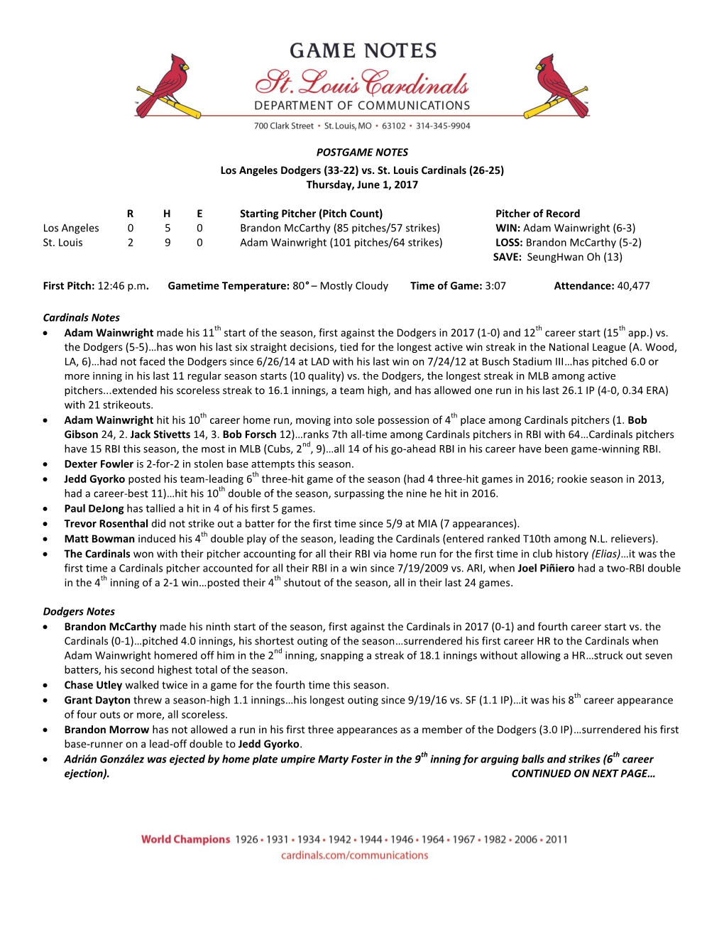 POSTGAME NOTES Los Angeles Dodgers (33-22) Vs