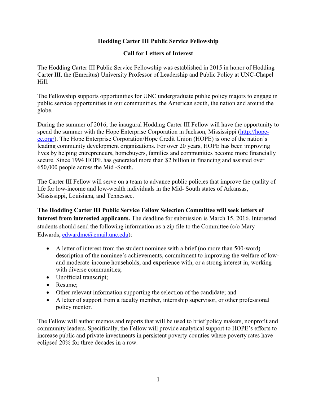 1 Hodding Carter III Public Service Fellowship Call for Letters Of