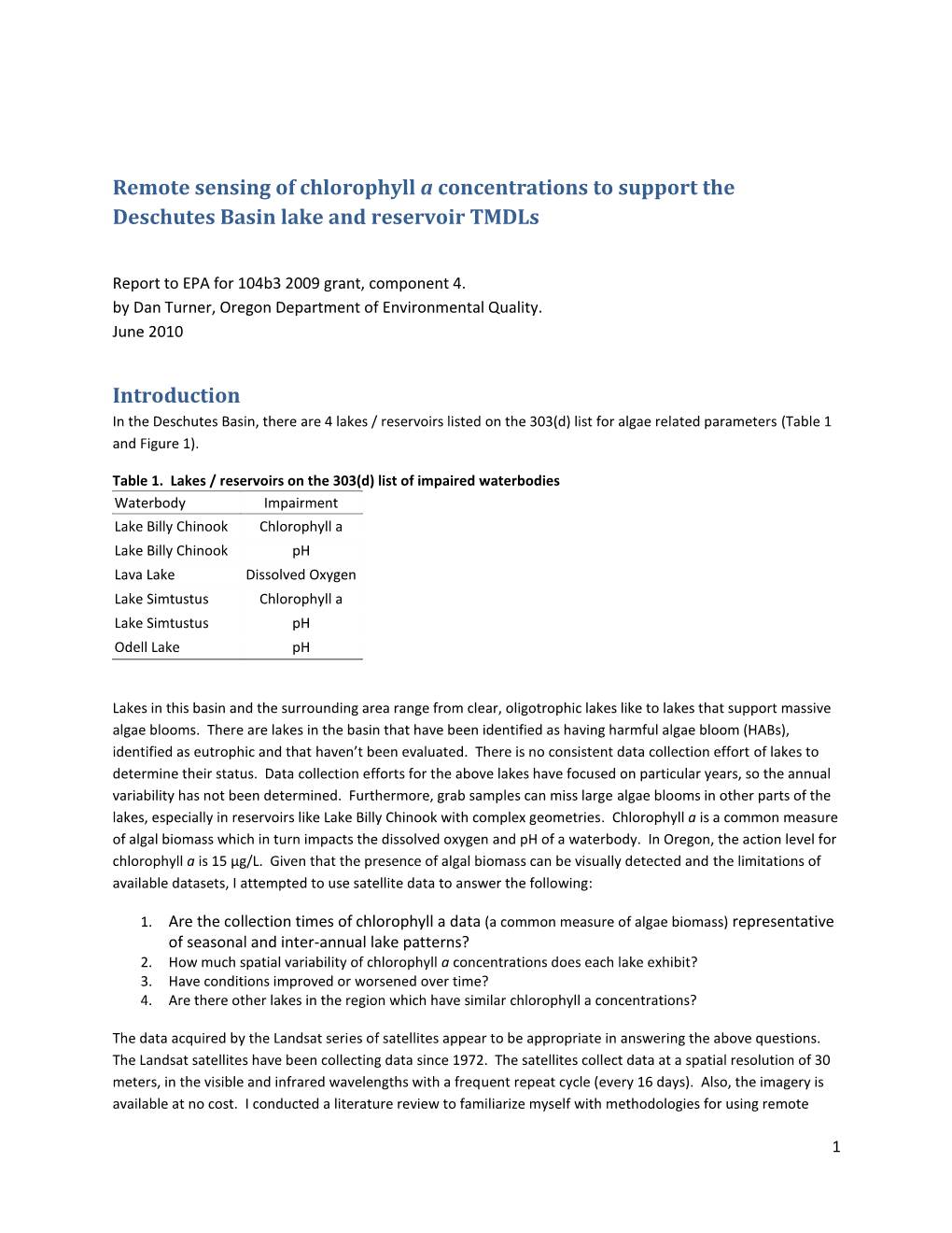 Remote Sensing of Chlorophyll a Concentrations to Support the Deschutes Basin Lake and Reservoir Tmdls