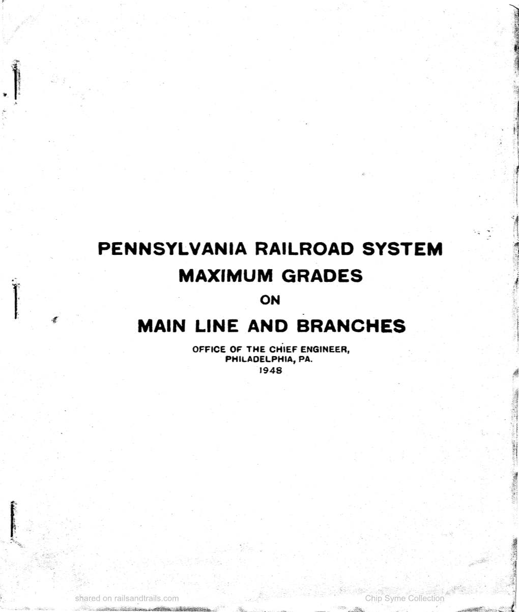 Pennsylvania Railroad System Maximum Grades on Main Line and Branches