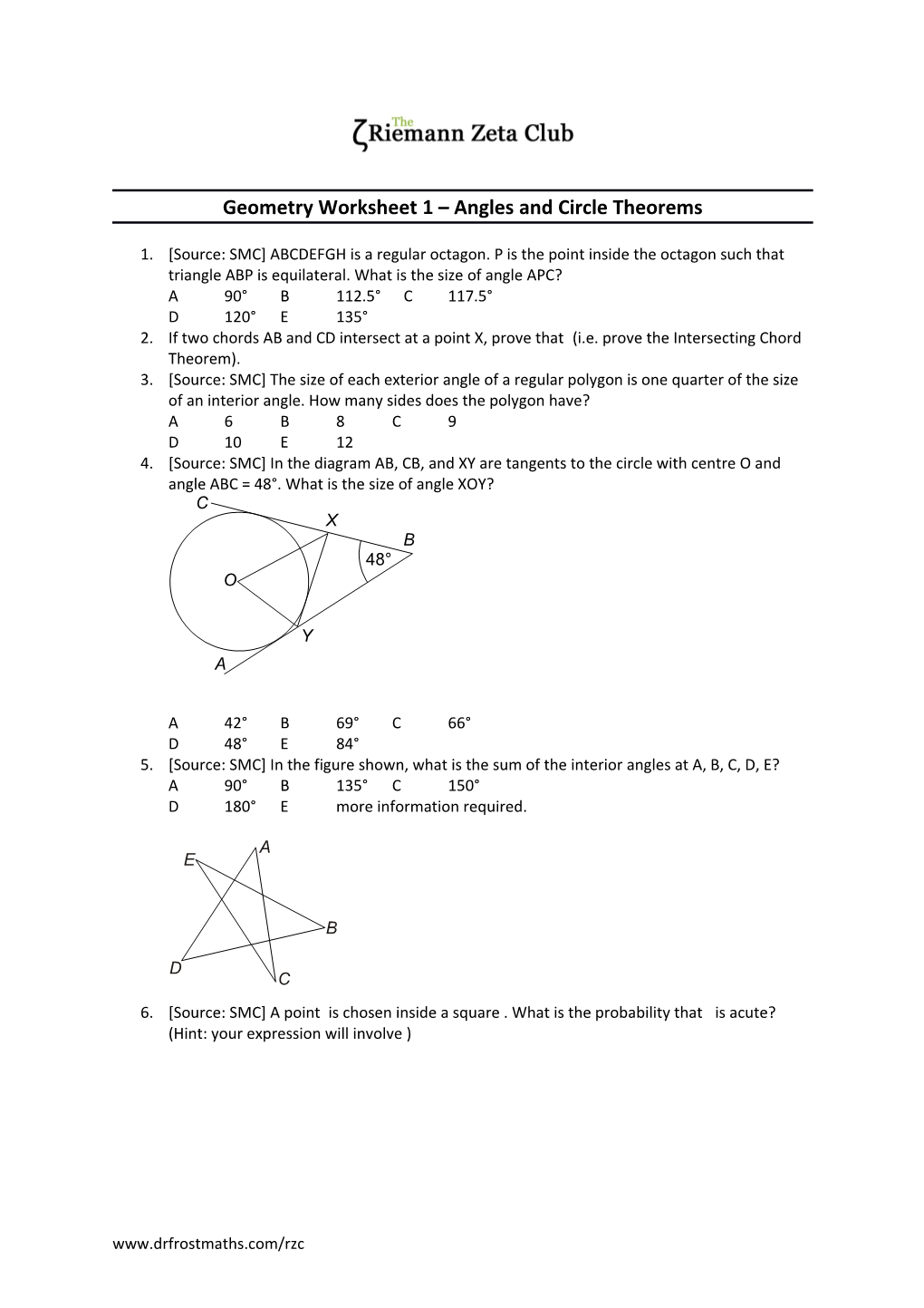 Geometry Worksheet 1 Angles and Circle Theorems