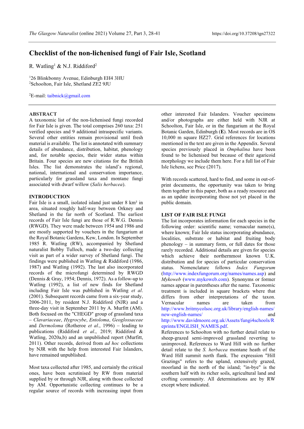 Checklist of the Non-Lichenised Fungi of Fair Isle, Scotland