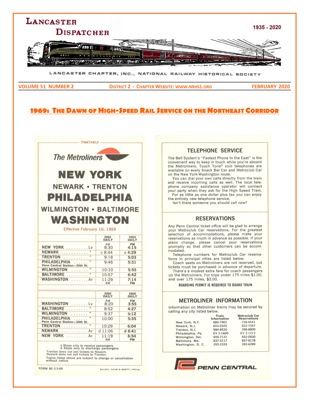 1969: the Dawn of High-Speed Rail Service on the Northeast Corridor Lancaster Dispatcher Page 2 February 2020