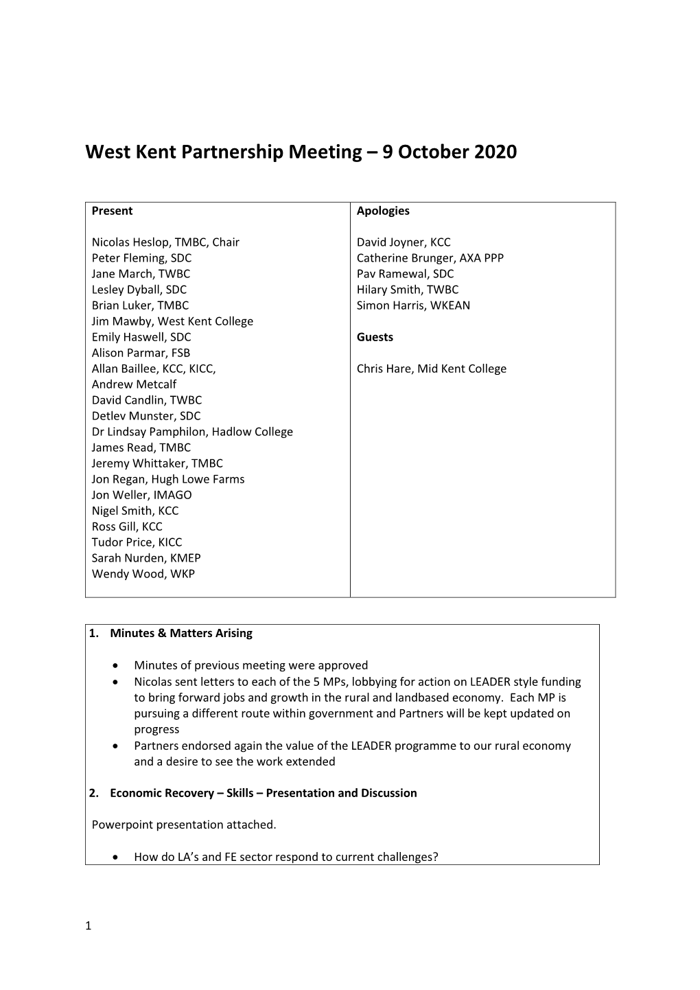 West Kent Partnership Meeting – 9 October 2020