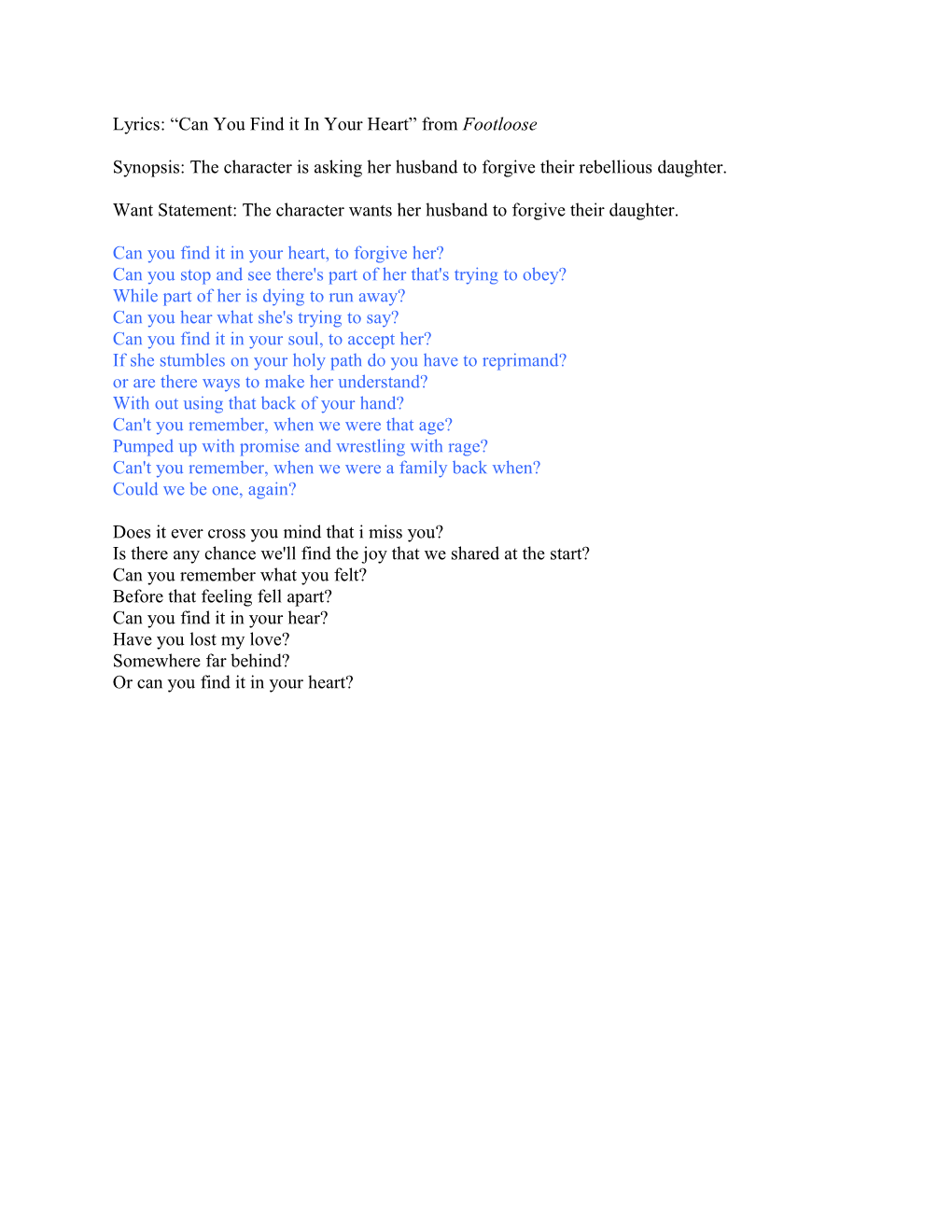 Lyrics: “Can You Find It In Your Heart” From Footloose