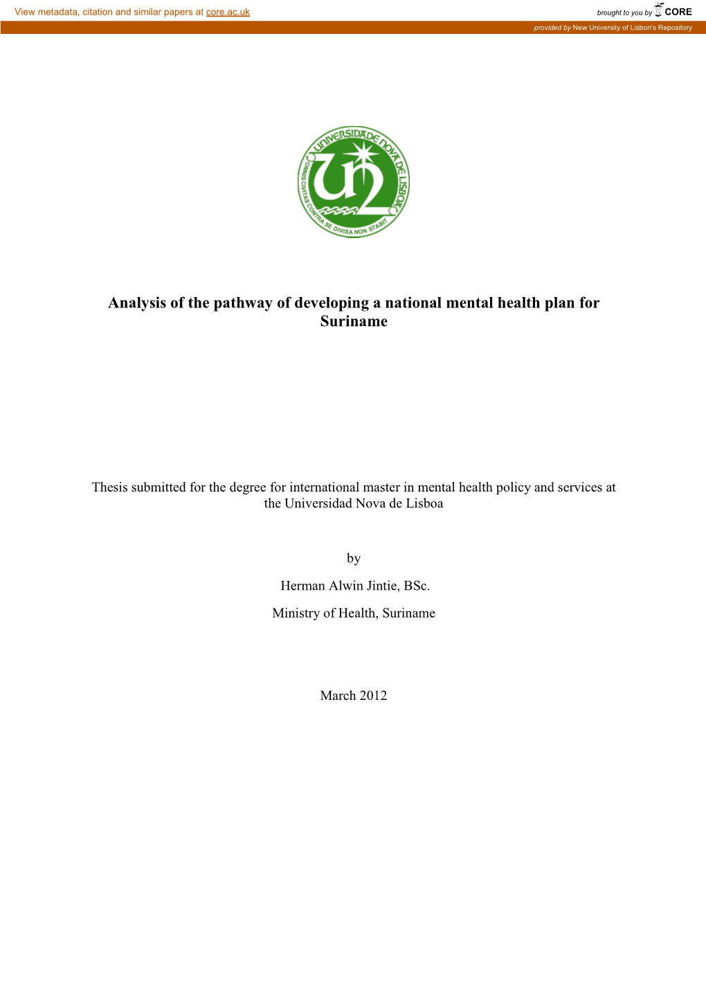 Analysis of the Pathway of Developing a National Mental Health Plan for Suriname