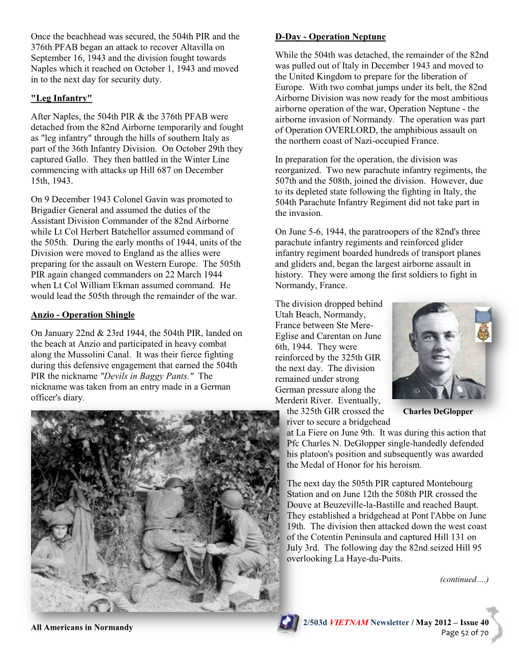 Once the Beachhead Was Secured, the 504Th PIR and the 376Th PFAB Began an Attack to Recover Altavilla on September 16, 1943