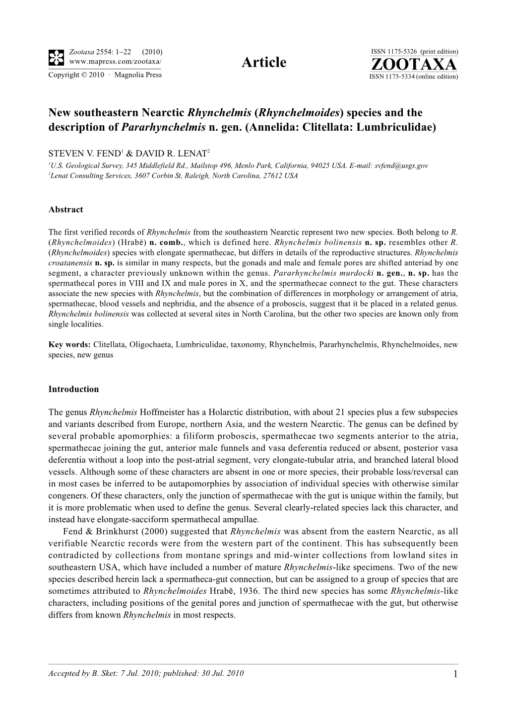 Zootaxa, New Southeastern Nearctic Rhynchelmis (Rhynchelmoides