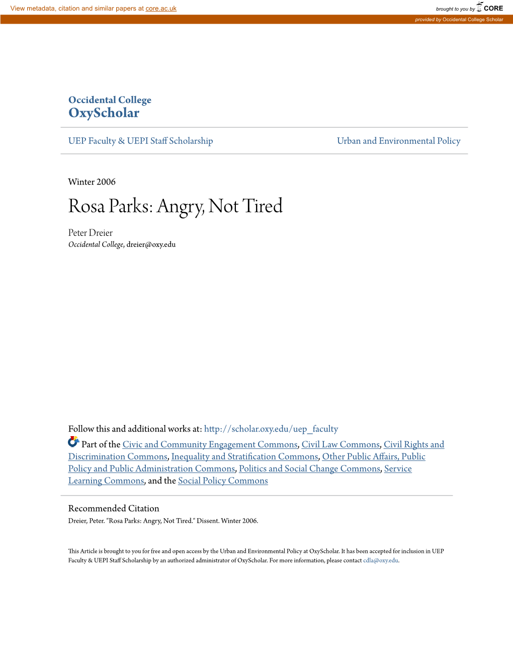 Rosa Parks: Angry, Not Tired Peter Dreier Occidental College, Dreier@Oxy.Edu