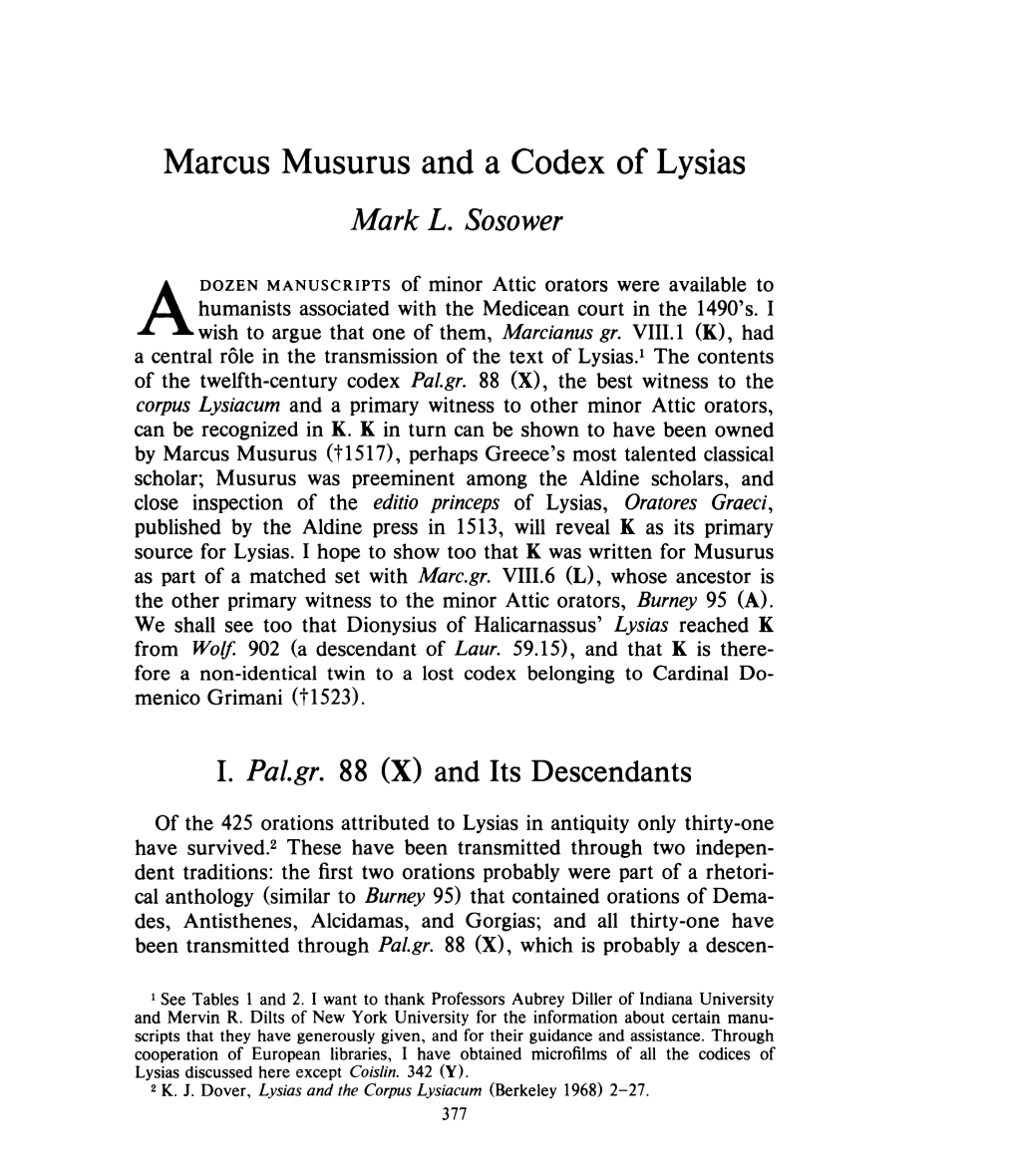 Marcus Musurus and a Codex of Lysias , Greek, Roman and Byzantine Studies, 23:4 (1982:Winter) P.377