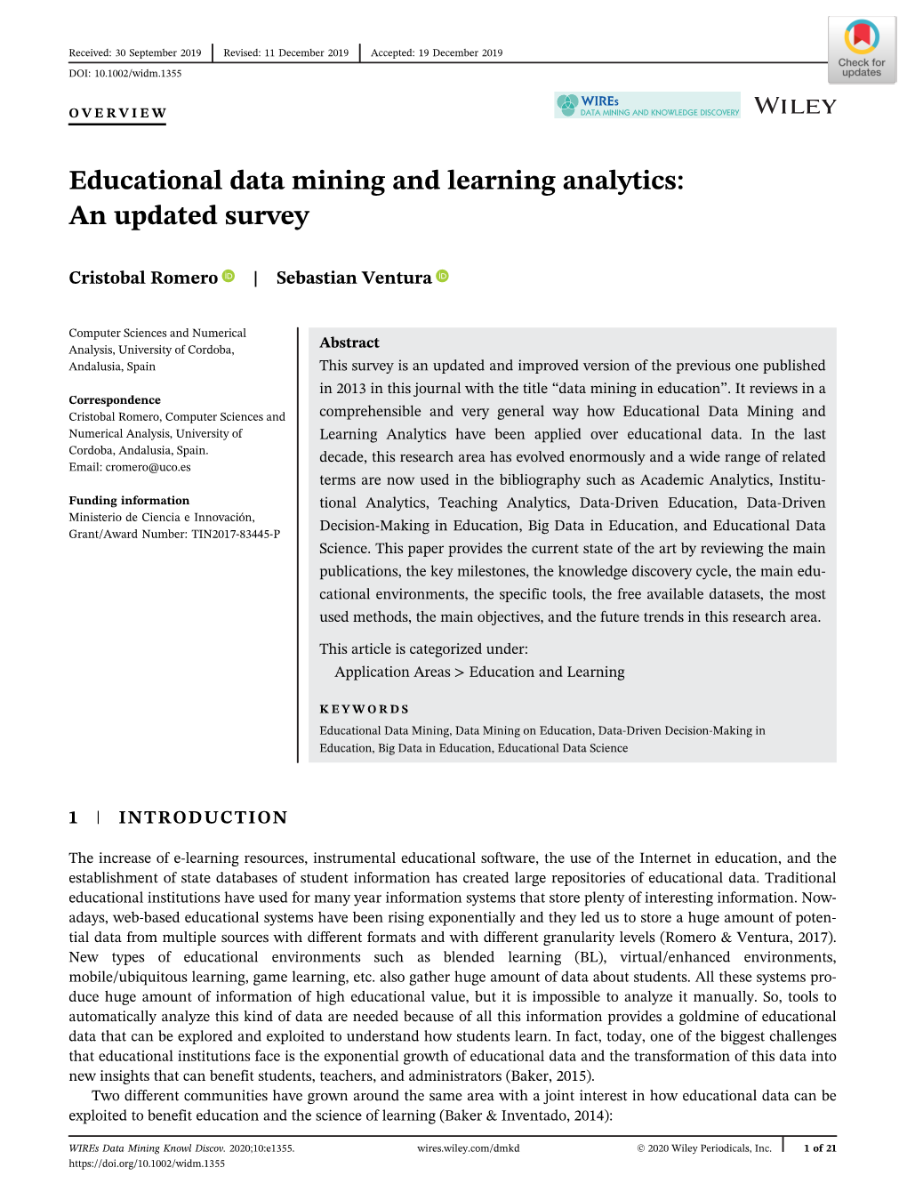 Educational Data Mining and Learning Analytics: an Updated Survey