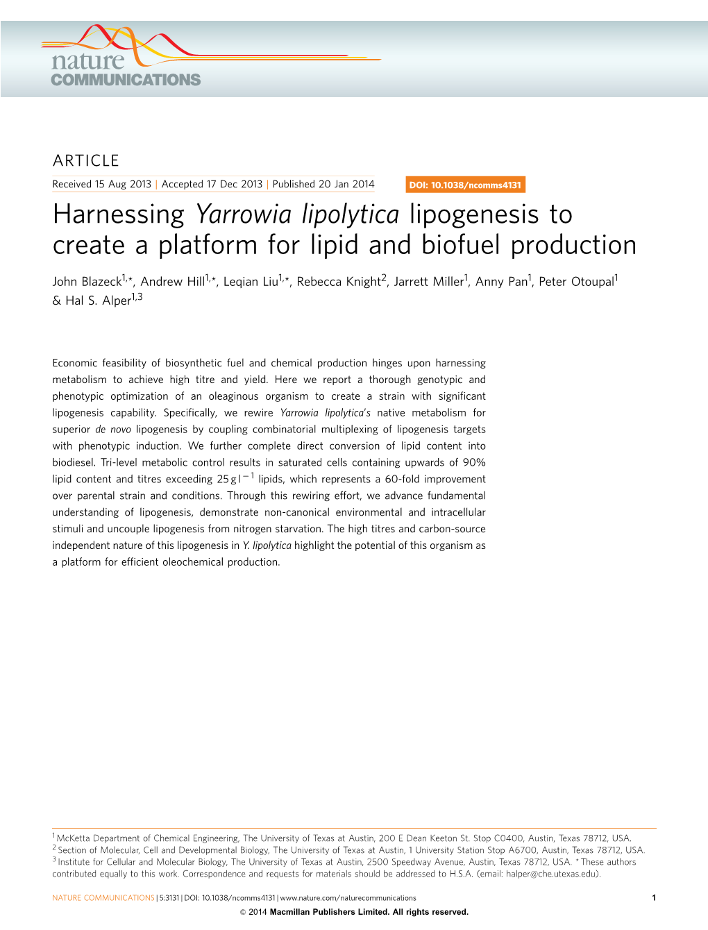 Harnessing Yarrowia Lipolytica Lipogenesis to Create a Platform for Lipid and Biofuel Production