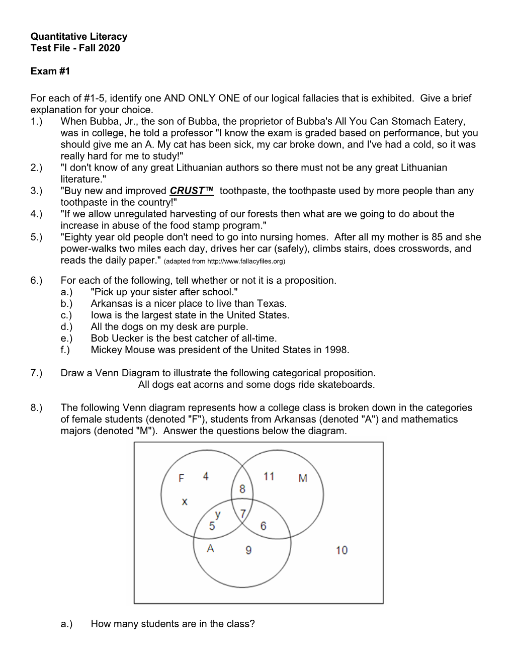 Quantitative Literacy Test File - Fall 2020