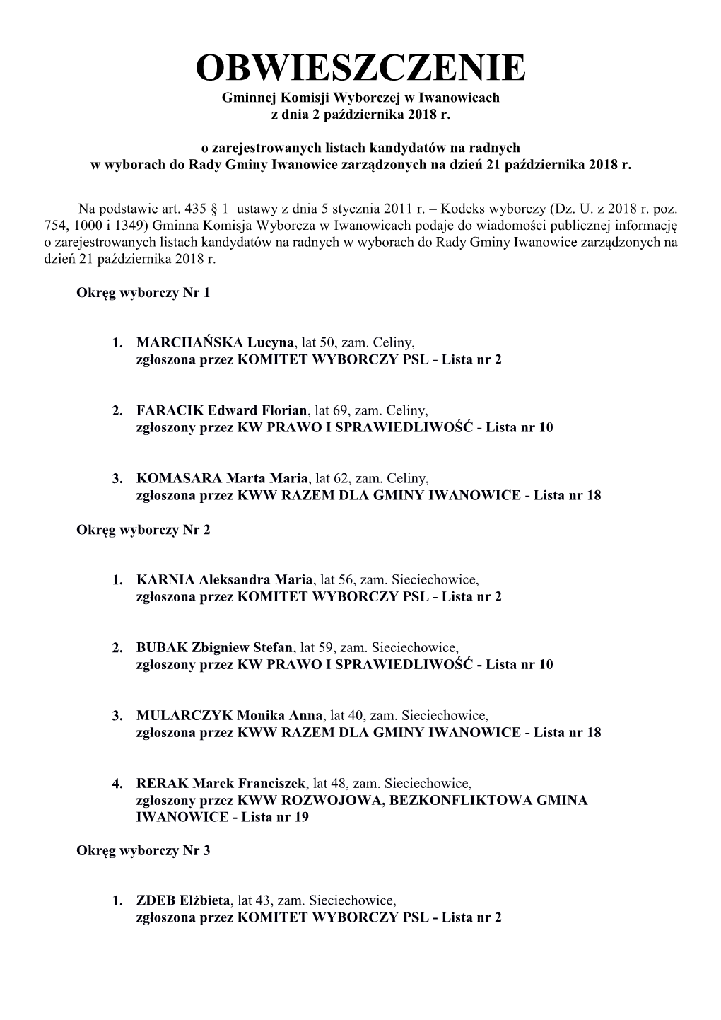 OBWIESZCZENIE Gminnej Komisji Wyborczej W Iwanowicach Z Dnia 2 Października 2018 R