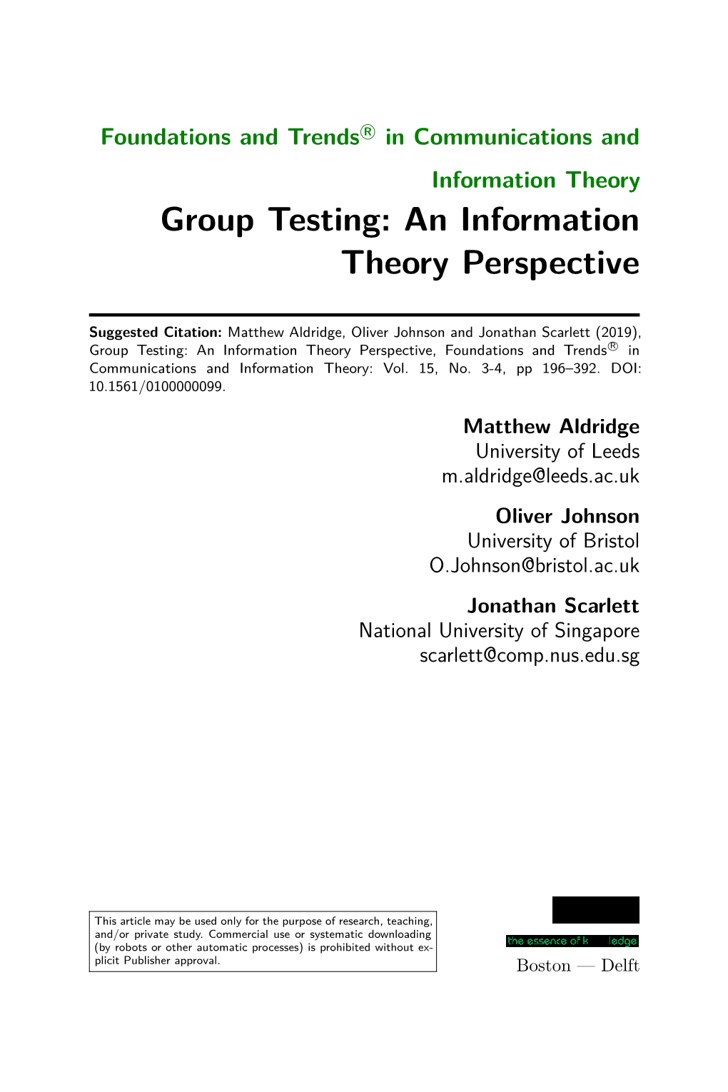 Group Testing: an Information Theory Perspective