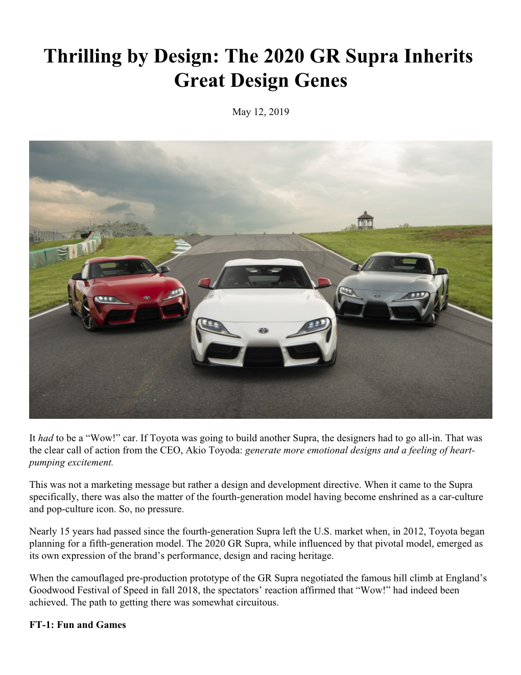 Thrilling by Design: the 2020 GR Supra Inherits Great Design Genes