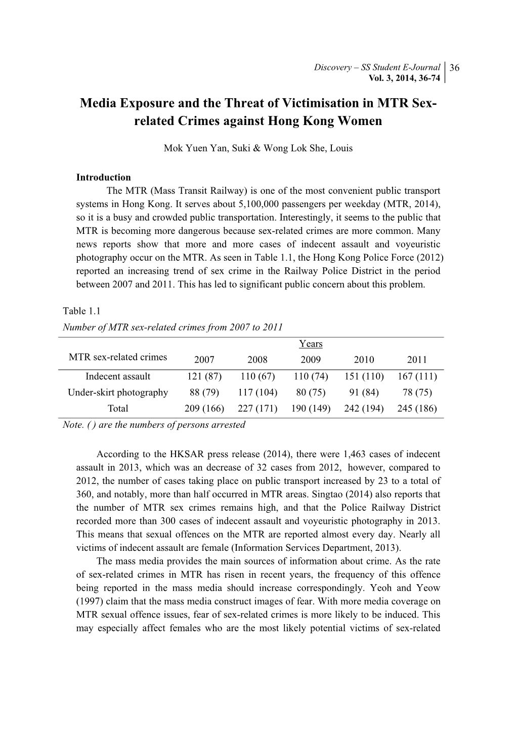 Media Exposure and the Threat of Victimisation in MTR Sex- Related Crimes Against Hong Kong Women