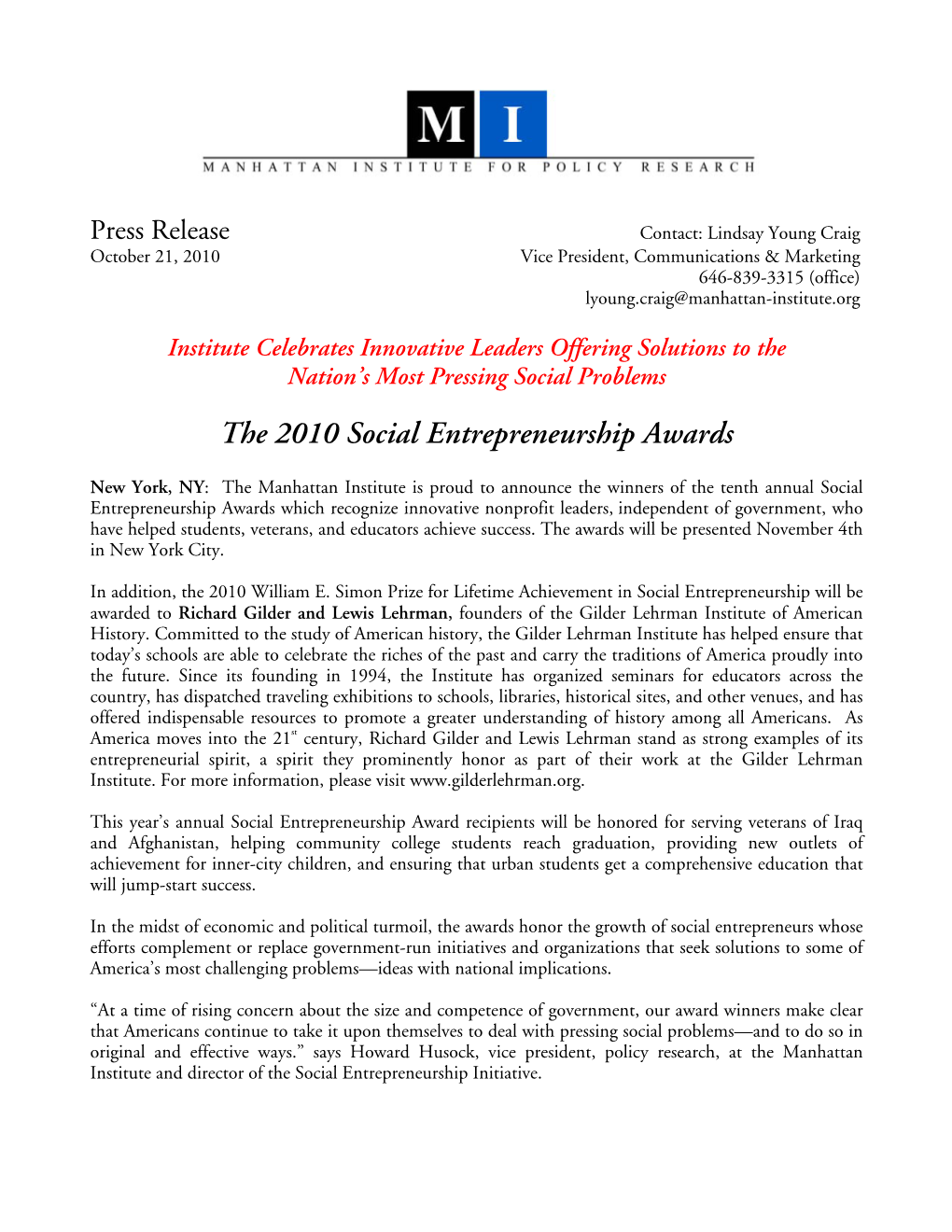 The 2010 Social Entrepreneurship Awards