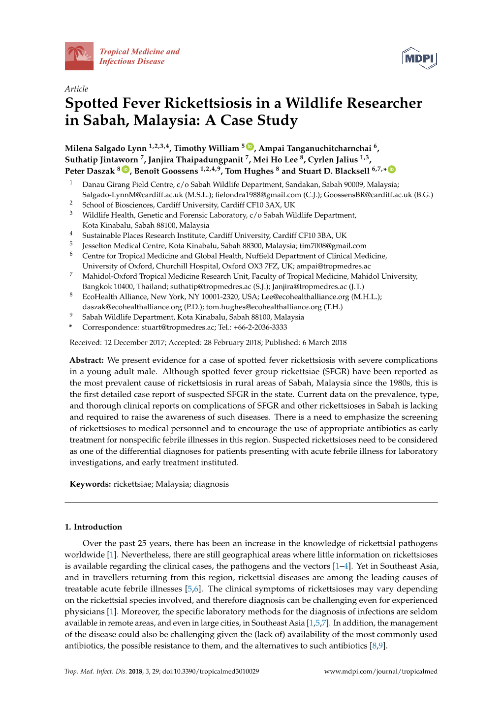 Spotted Fever Rickettsiosis in a Wildlife Researcher in Sabah, Malaysia: a Case Study