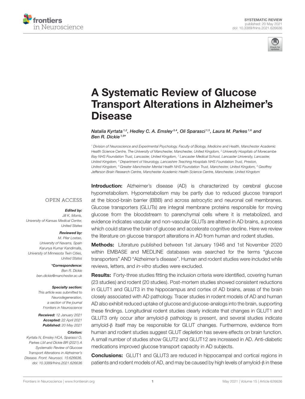 A Systematic Review of Glucose Transport Alterations in Alzheimer's
