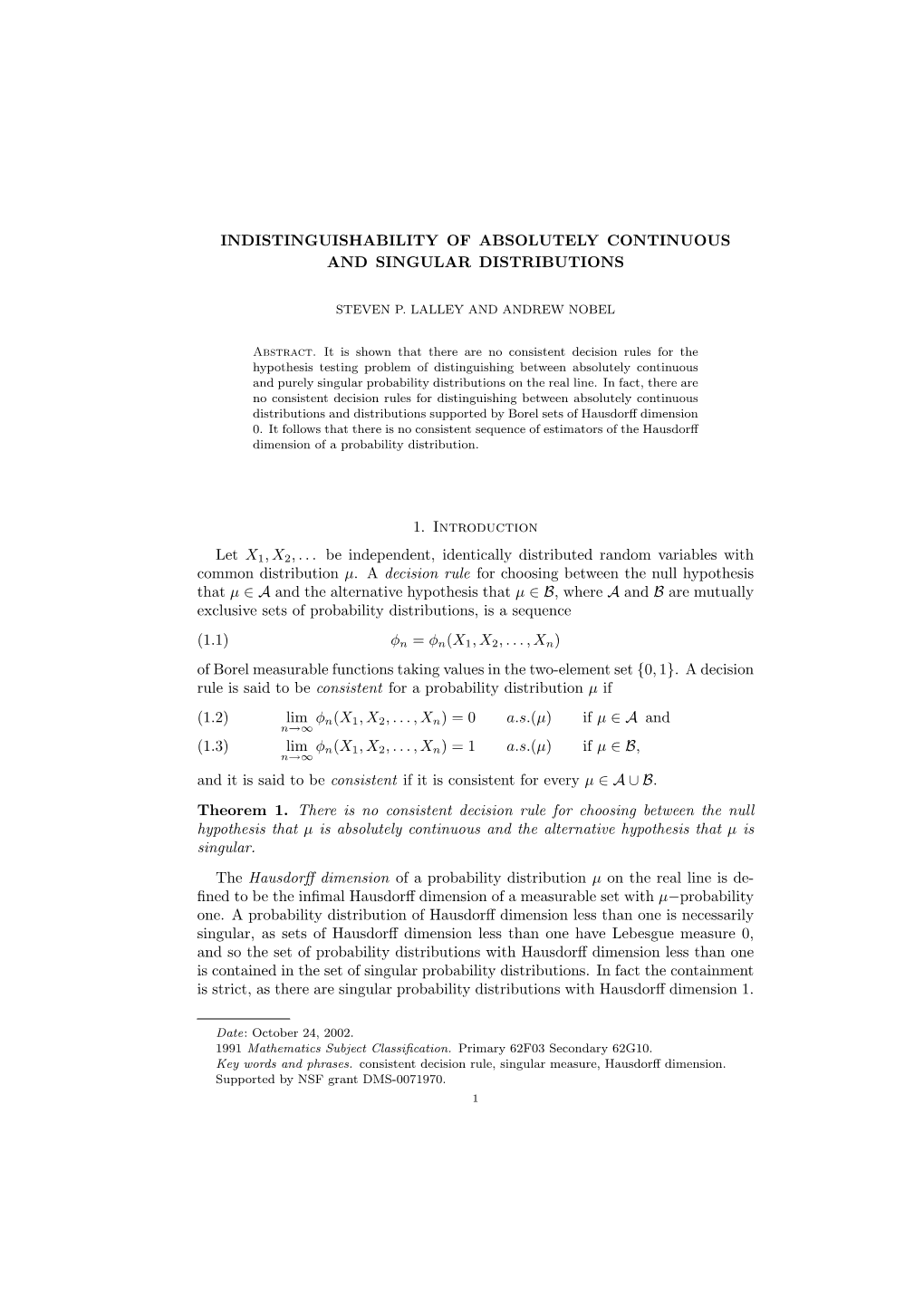 Indistinguishability of Absolutely Continuous and Singular Distributions