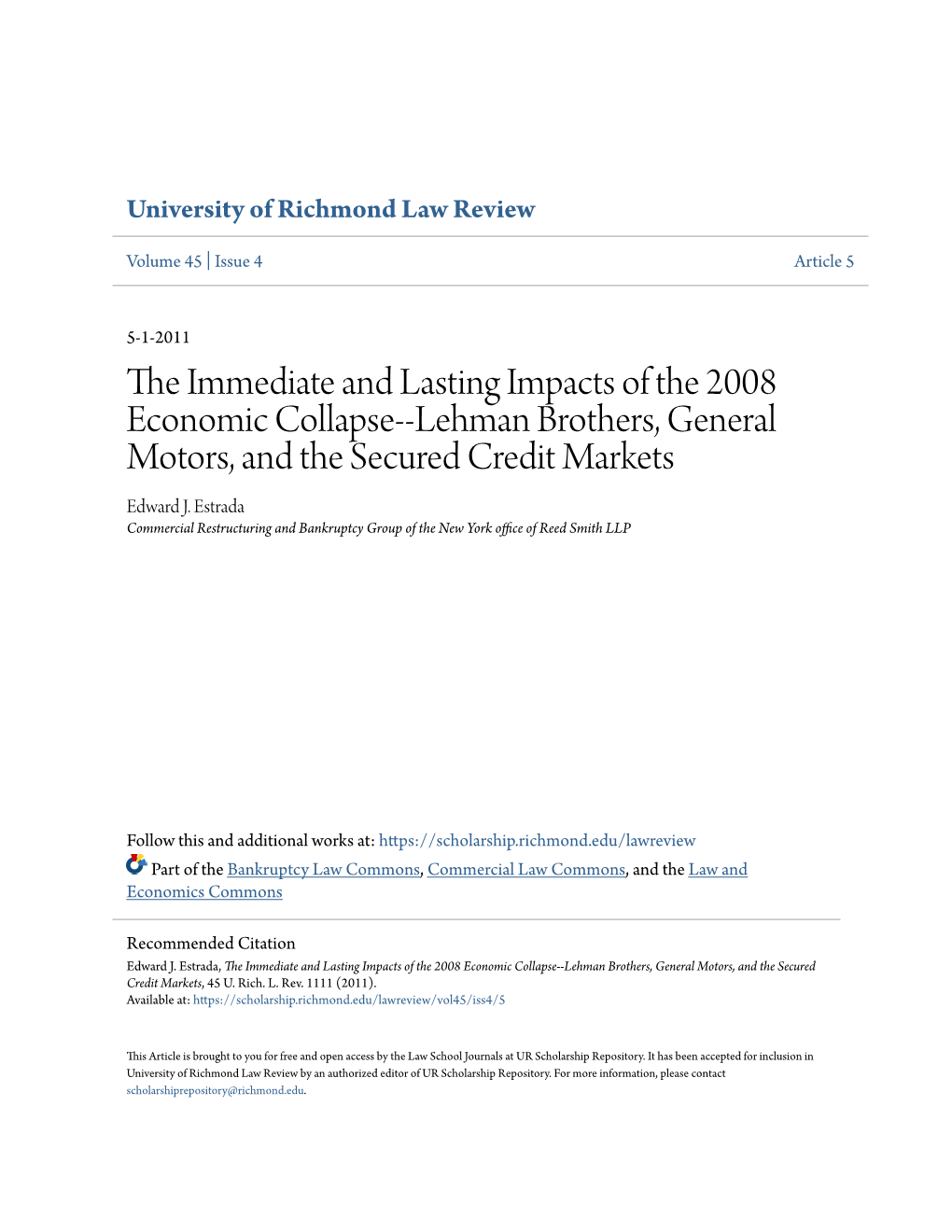 Lehman Brothers, General Motors, and the Secured Credit Markets Edward J