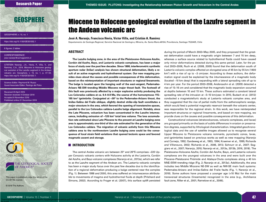 Miocene to Holocene Geological Evolution of the Lazufre Segment in the Andean Volcanic Arc GEOSPHERE; V