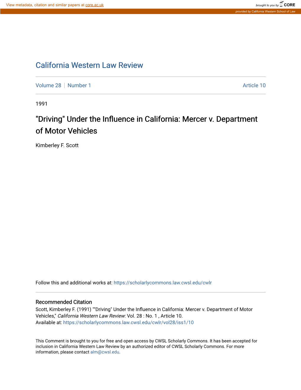 "Driving" Under the Influence in California: Mercer V