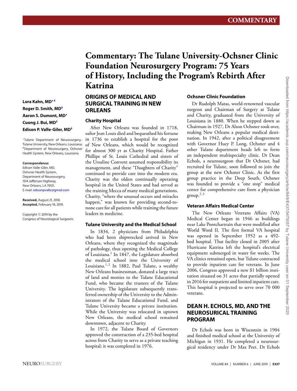 The Tulane University-Ochsner Clinic Foundation Neurosurgery Program: 75 Years