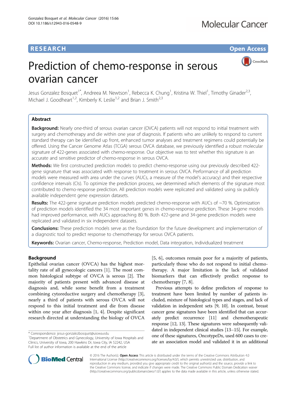 Prediction of Chemo-Response in Serous Ovarian Cancer Jesus Gonzalez Bosquet1*, Andreea M