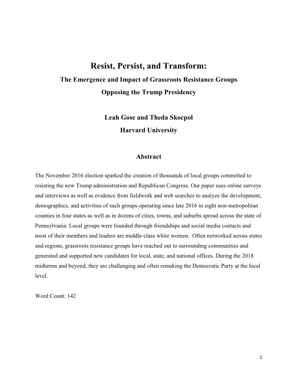 Resist, Persist, and Transform: the Emergence and Impact of Grassroots Resistance Groups Opposing the Trump Presidency