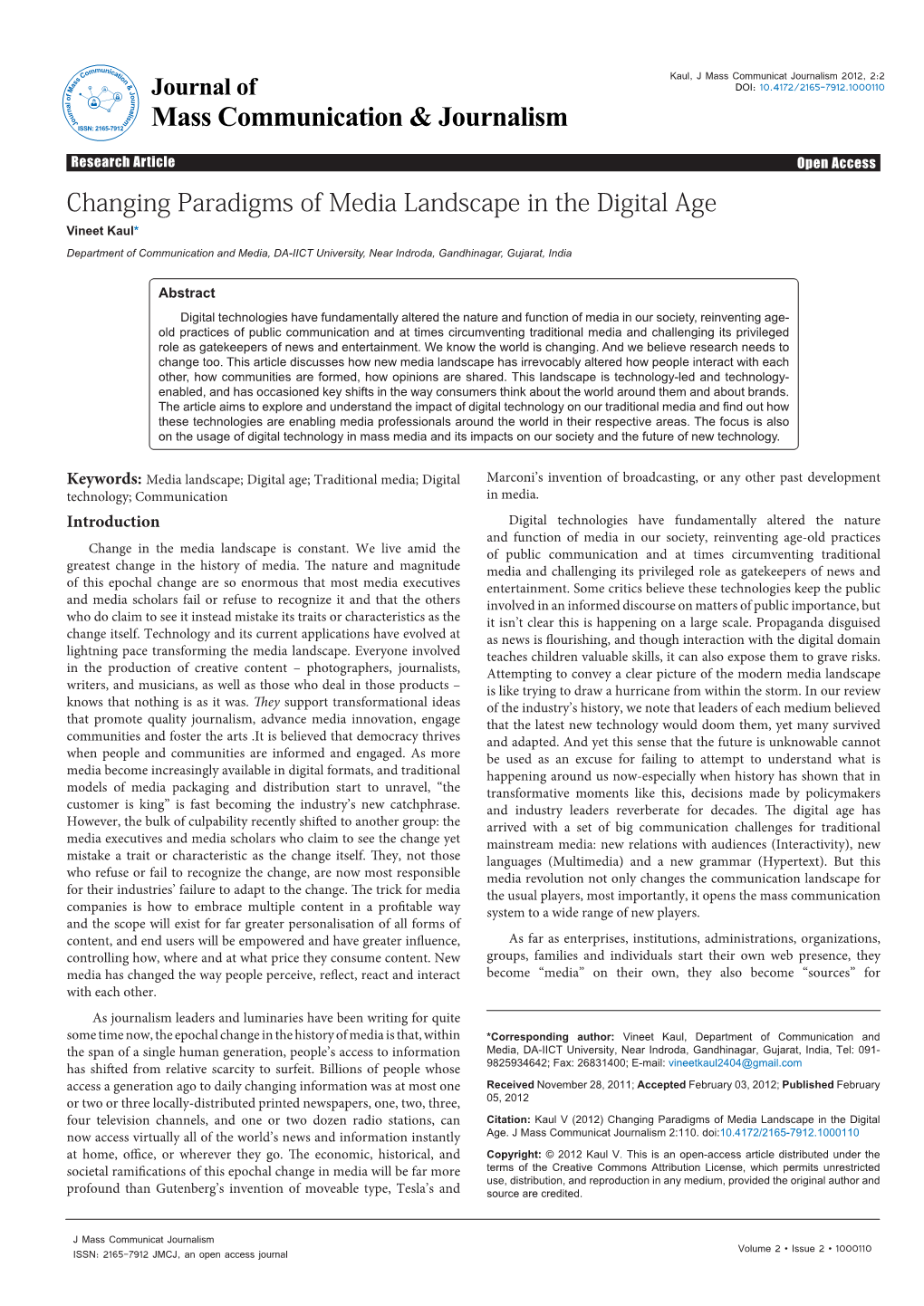 Changing Paradigms of Media Landscape in the Digital