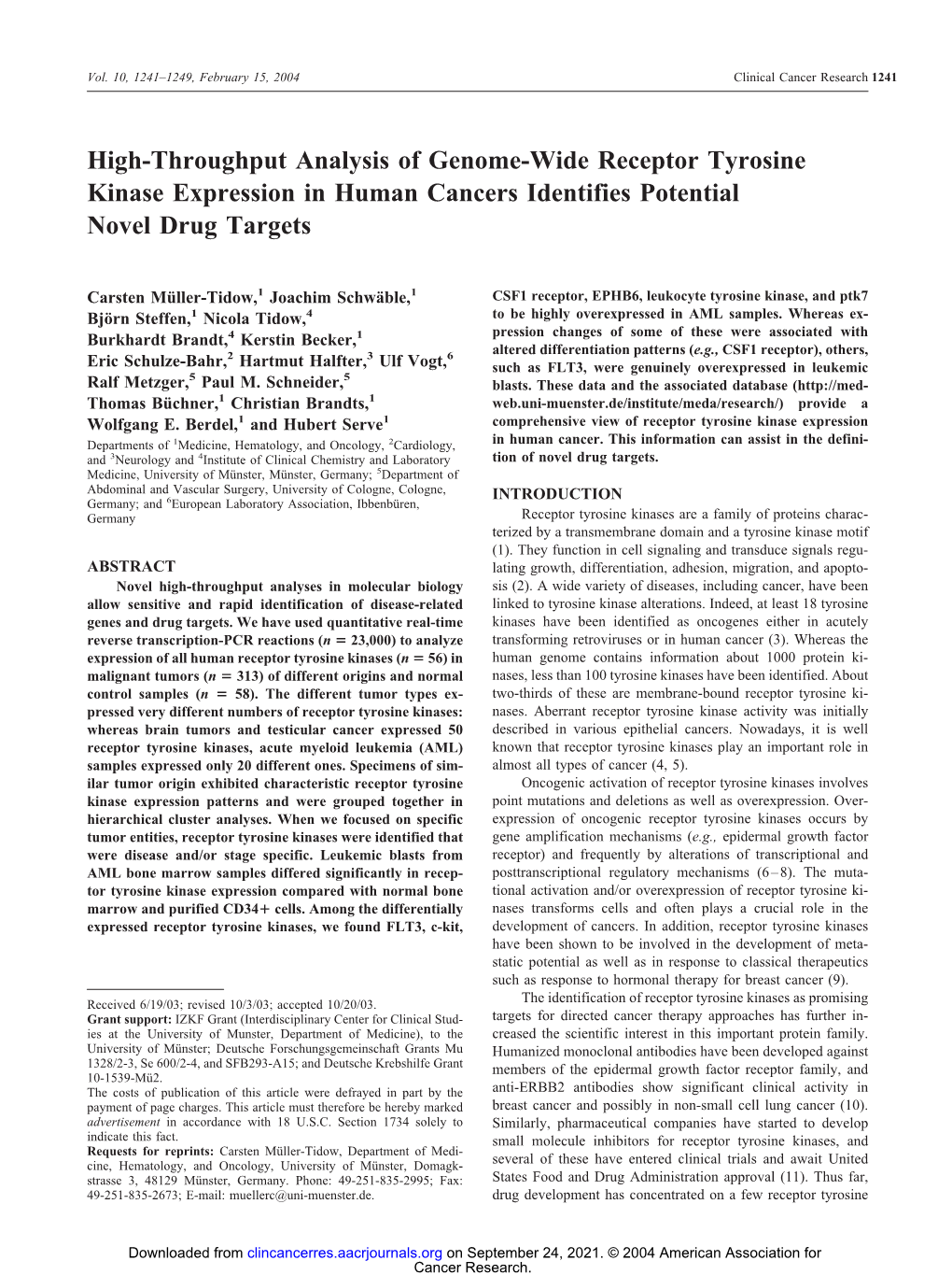 High-Throughput Analysis of Genome-Wide Receptor Tyrosine Kinase Expression in Human Cancers Identifies Potential Novel Drug Targets